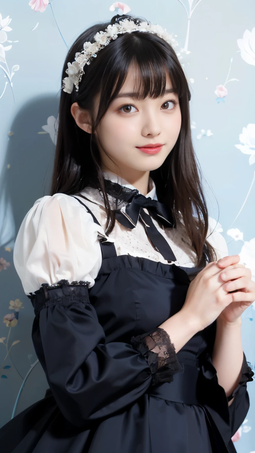1 Nogizaka Musume、very cute、beautiful girl、19 years old、(gothic  fashion)、beautiful face, Exquisite details of eyes and skin、fine black shiny hair、Classy ruffles、frilled tie、ribbon tie、rose hair accessories、(smile at the camera)、(cowboy shot)、(sea of europe)、professional lighting、break、(realistic、Photoreal:1.37)、8K、(masterpiece)、(highest quality:1.4)、(Super high resolution:1.2)、 (Raw photo:1.2)、(delicate lace、soft fabric、beautiful rose pattern dress)、perfect anatomy、4 fingers and 1 thumb、seaside background、(Wallpaper by Unity 8K)