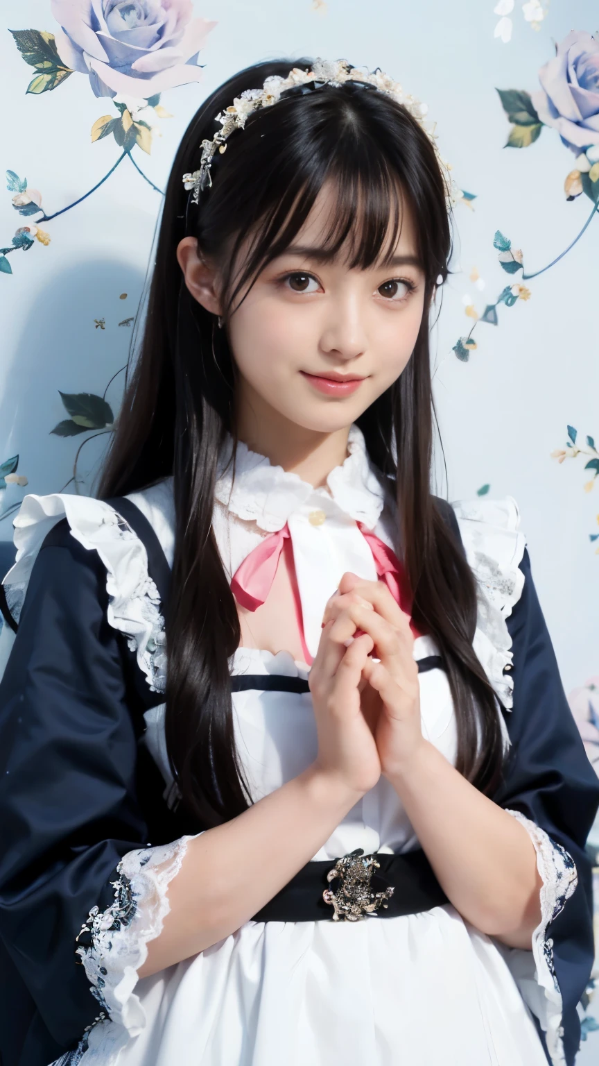 1 Nogizaka Musume、very cute、beautiful girl、19 years old、(gothic fashion)、beautiful face, Exquisite details of eyes and skin、fine black shiny hair、Classy ruffles、frilled tie、ribbon tie、rose hair accessories、(smile at the camera)、(cowboy shot)、(sea of europe)、professional lighting、break、(realistic、Photoreal:1.37)、8K、(masterpiece)、(highest quality:1.4)、(Super high resolution:1.2)、 (Raw photo:1.2)、(delicate lace、soft fabric、beautiful rose pattern dress)、perfect anatomy、4 fingers and 1 thumb、seaside background、(Wallpaper by Unity 8K)