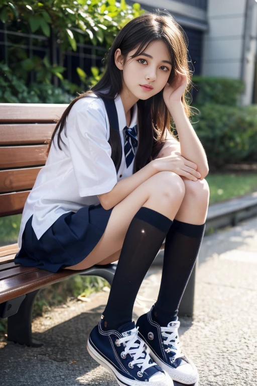 8k, ultra high resolution, best quality、top quality、full-body shot (High detail skin:1.2,medium bust、long black hair、pretty face、large black eyes、long eyelashes、White skin),(Japanese high school girl、JK school uniform、converse shoes、navy blue socks)、(sit on bench)、Tyndall effect、