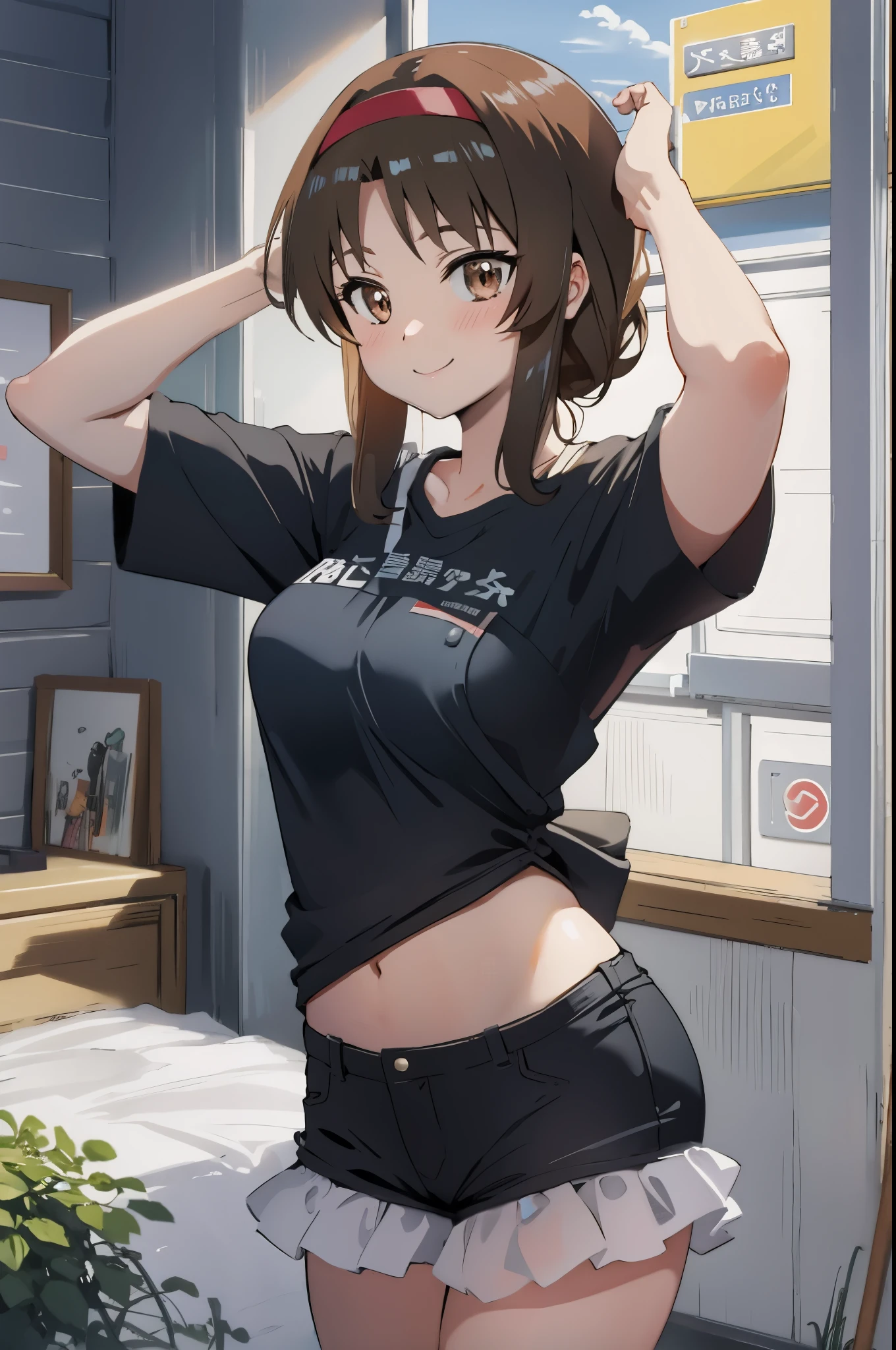 (masterpiece, best quality, detailed) ,1 girl,Headband,brown hair,anime girl, 有吸引力anime girl, anime art wallpaper 4k,eyes detailed,ecchi anime style, anime girl.teasing smile, clean detailed anime art,high resolution, (perfect hands, perfect anatomy),