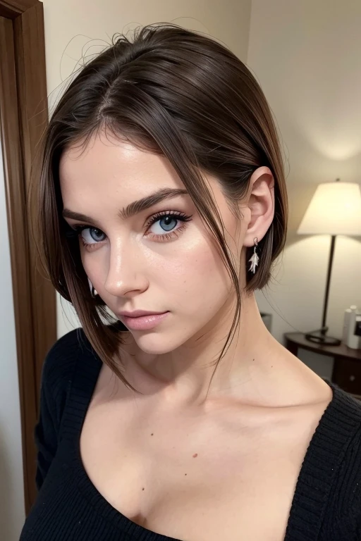 Belle fille, Marron_eyeeautiful mince adolescente de 18 ans, cheveux color [Brown highlights cheveux], [Pixie undercut] cheveux)), boucles d’oreilles, lèvres, Réaliste, taille étroite, charmant, pink lèvrestick, maquillage coloré, Cils longs, boucles d’oreilles, porter de l’eye-liner, peau claire, (mignon), (face détaillée), Yeux détaillés, Iris détaillé, corp magnifique, corps athlétique, abdominaux prononcés sur l&#39, photo réaliste de loin