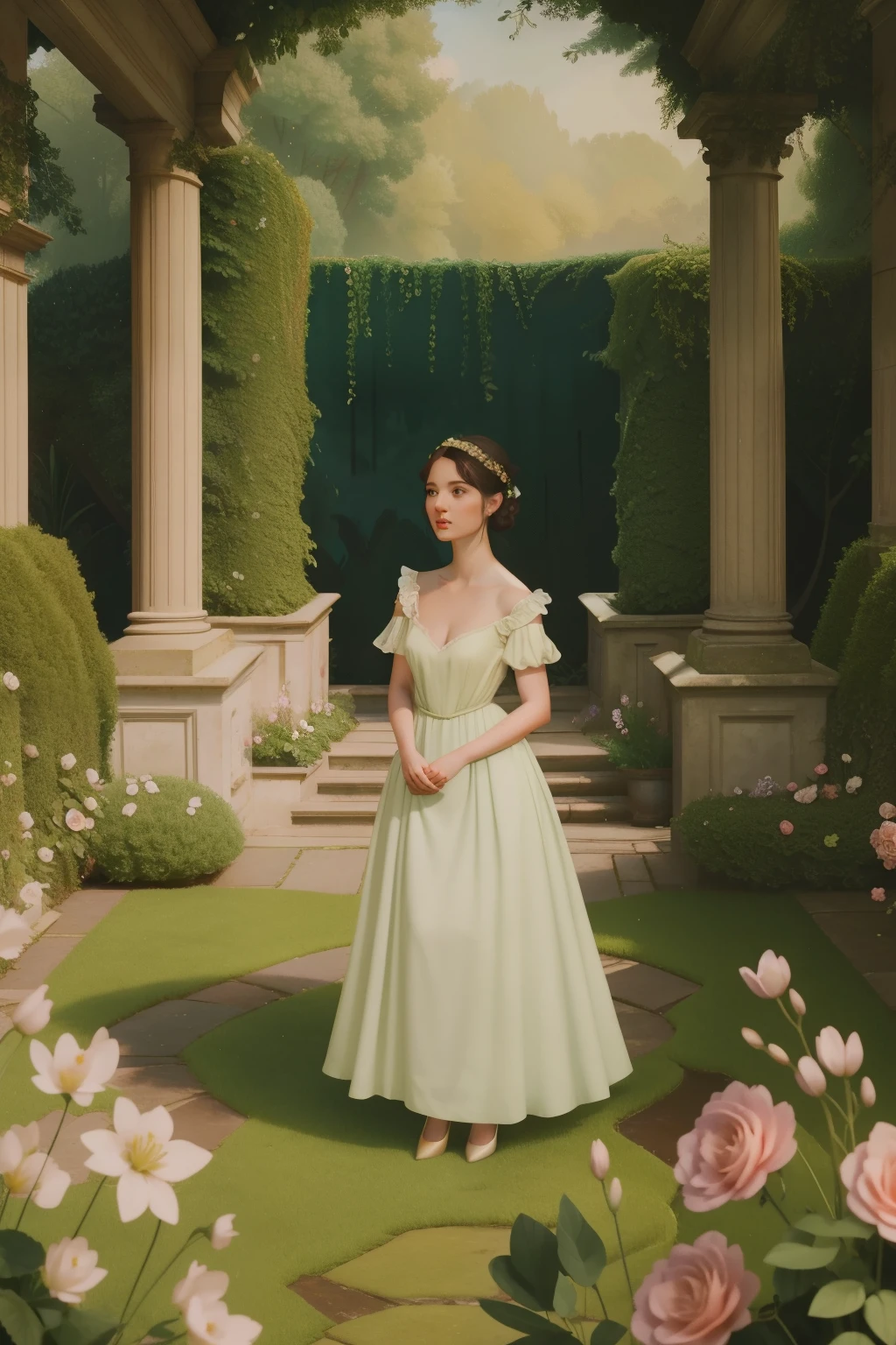 Regency Era English Garden Nymph Encounter (Location: English Estate)
Character: A young woman in her twenties, draped in Regency-era attire, encounters garden nymphs amidst the blooming flowers of an English estate. The nymphs weave tales of nature's magic, enveloping the surroundings in an ethereal aura. Wes Anderson's garden palette enhances the idyllic and magical atmosphere.