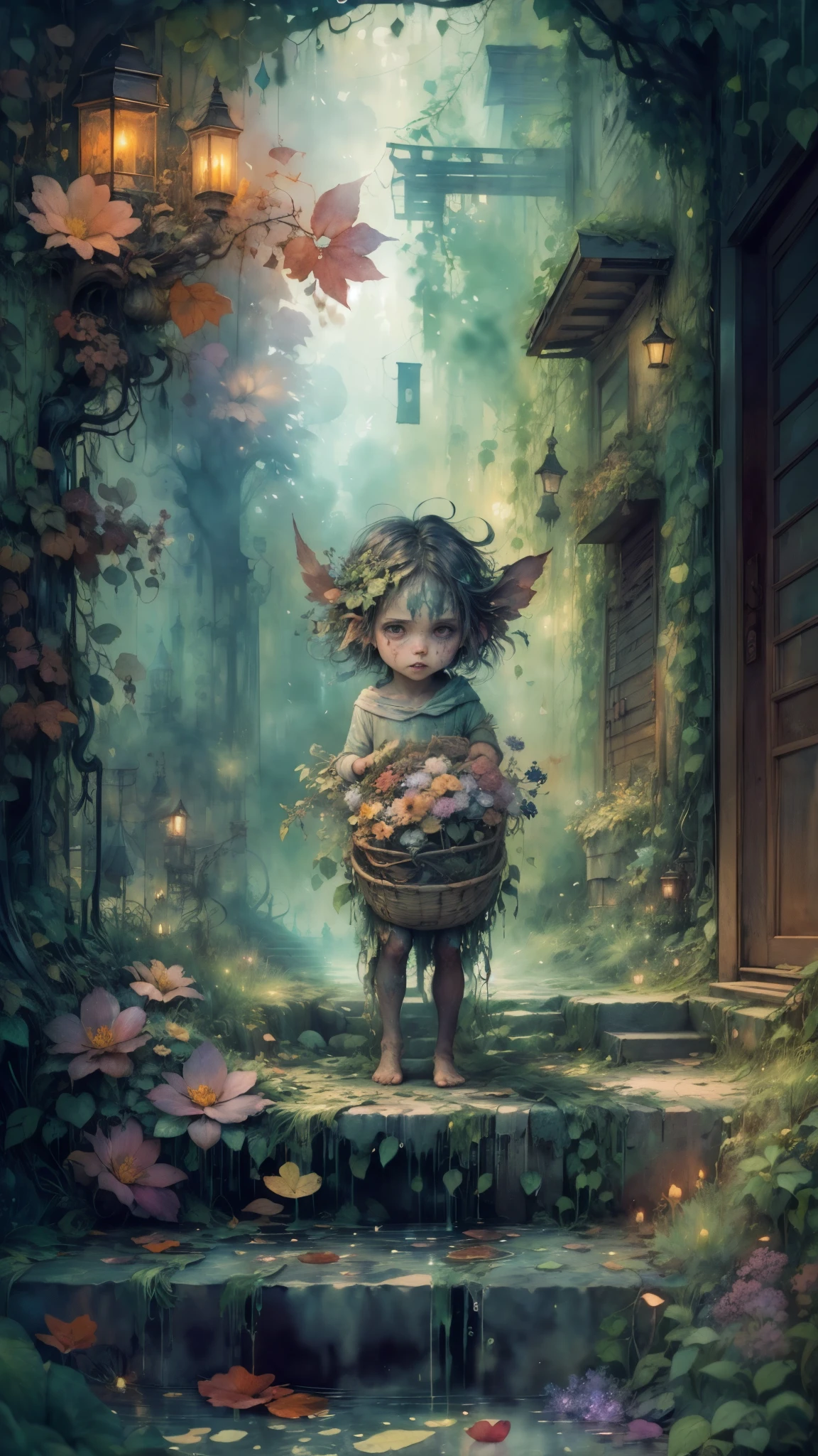 ((watercolor art)),(a tiny) humanoid creature, (holding firmly) a bunch of flowers, watercolor, dark gritty, street, fantasy, (best quality, 4k, highres, masterpiece:1.2), ultra-detailed, (realistic:1.37), vivid colors, (moody lighting), (magical atmosphere), (cobblestone road), (mysterious shadows), (fantastical architecture), (enchanted surroundings), (whimsical elements), (misty aura), (intricate details), (emotionally expressive face), (unique character design), (lush foliage), (overgrown vines), (ethereal glow), (fallen petals), (contrast between light and dark), (captivating atmosphere), (heartwarming scene), (playful energy), (curiosity and wonder), (texture of the flowers), (impressionistic brushstrokes), (dreamlike charm), (sense of mystery), (gritty urban setting), (imaginative world), (dramatic composition), (expressive lines), (exquisite colors)