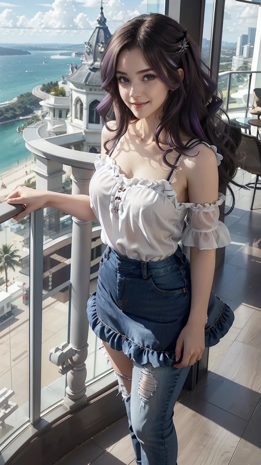 24-year-old Caucasian woman、Hair color is a gradation of brunette and purple、Hair is wavy、Eye color is blue、long hair、slender、smile、beautiful breasts、slenderだが均整の取れた細マッチョな身体、She is wearing a transparent blouse with frills.、She's wearing a frilly arm dress、I'm wearing jeans、wearing high heels、I'm on a high observation deck with a great view of Europe.、I grabbed the railing and looked at the scenery below.、smile、wearing hair ornaments、setting hair、Hair flutters in the wind
