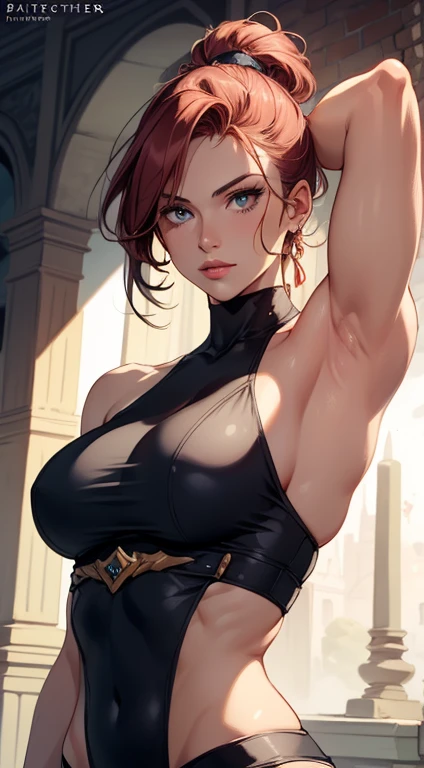 a drawing of a female barbarian, (pink skintone:0.9), muscular body, feminine, huge upper body, wide shoulders, veins, beautiful face, full lips, slim face, high cheekbones, muscular, in the art style of mohrbacher, in style of peter mohrbacher