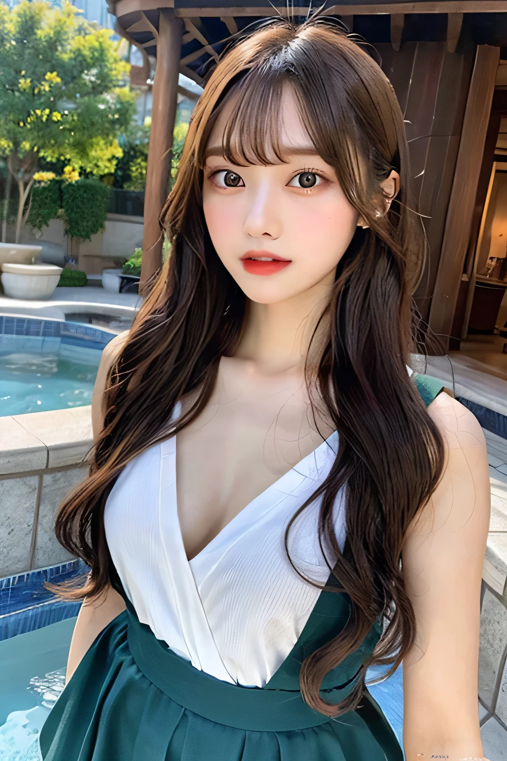 table top, highest quality, 1 girl, (beautiful girl, Cosplayers:1.2), (:1.2), extremely fine transparency, (symmetrical eyes:1.3), (hot spring, , cover the body with steam:1.3), beautiful breasts, brown eyes, parted bangs, brown hair, upper teeth