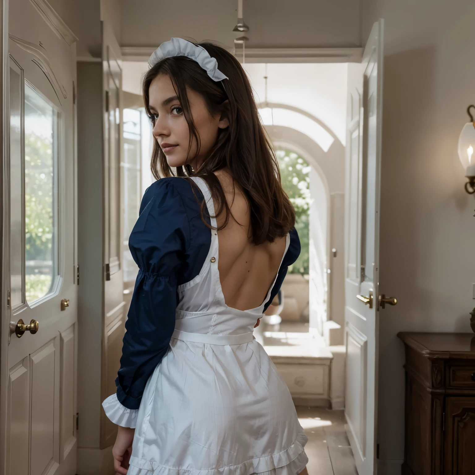 RAW, analogique, Nikon Z 85mm,((Best quality)), ((Masterpiece)), ((Realstic)),image vintage, Beautiful French woman, 18 ans, ((back and white maid outfits)), ((In her house)), ((sexy maid outfit)), Grand sourire avec des dents visibles, (Rousseur:0.6), Intricate details, highly detailed, mise au point nette, professionnel, 8k, Rayons divins, hand model, Superbes yeux bleus, petite, high resolucion, Detailed facial features, High detail, mise au point nette, lisse, Extremely detailed, photo_\(ultra\), photoreallistic, Realstic, Post-traitement, max detail, roughness, real life, ultra realist, photorealism, 8k UHD, Lampe SEMHOUETTE, Visage russe, ((longues jambes))