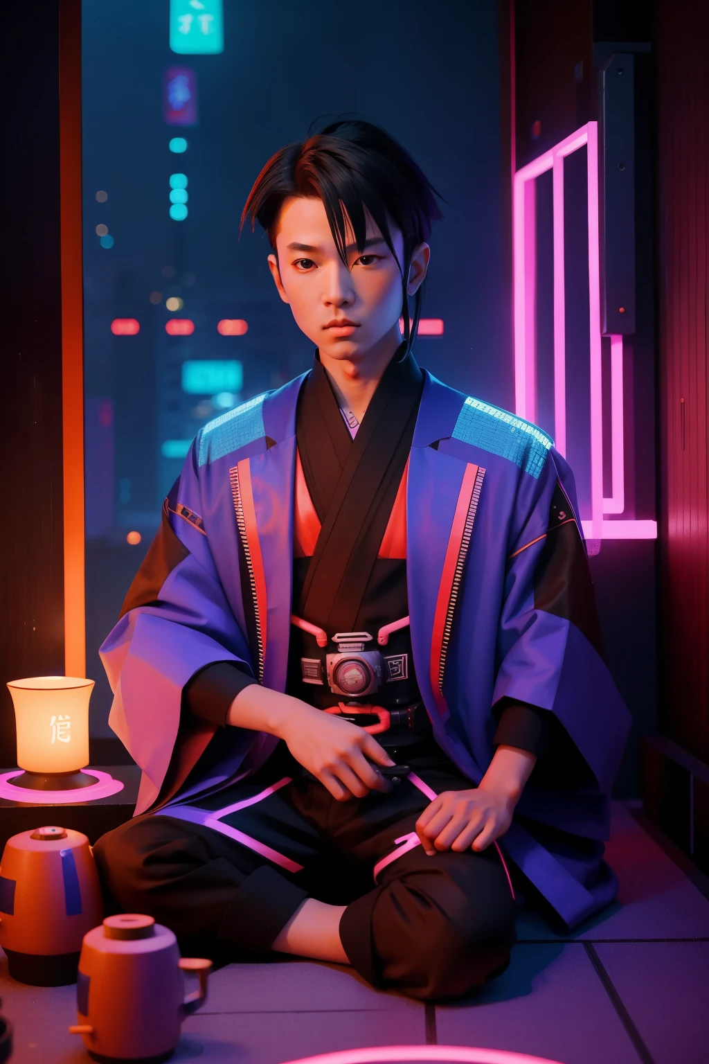 Future Dystopian Cyberpunk Tea Ceremony (Location: Neo-Tokyo)
Character: A tween boy in cyberpunk attire, participating in a tea ceremony amidst the neon-lit streets of Neo-Tokyo in a dystopian future. The fusion of ancient traditions with futuristic elements creates a surreal and magical tableau. Wes Anderson's cyberpunk palette adds a vibrant and enigmatic touch to the scene.