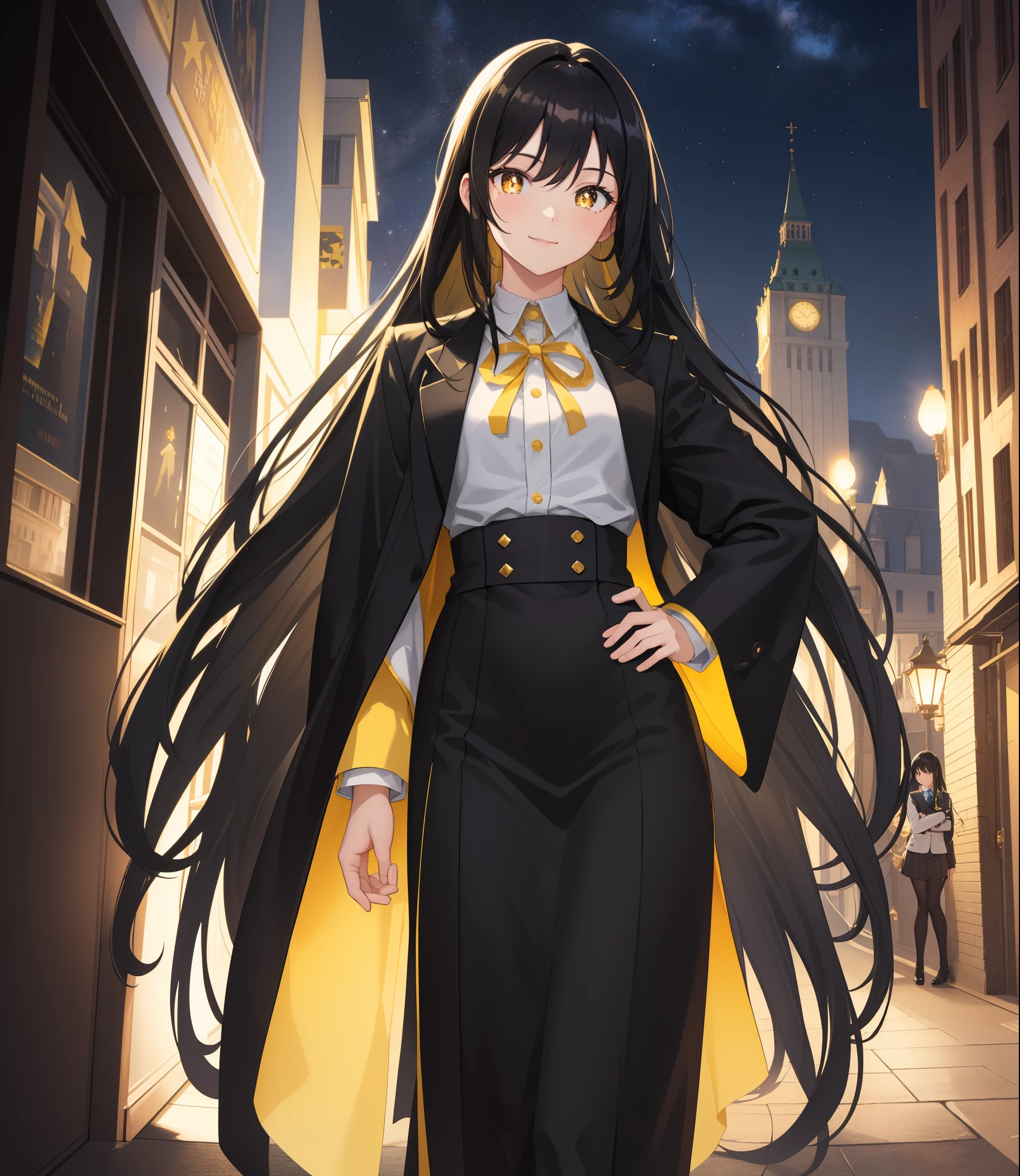 masterpiece, best quality, {{{masterpiece}}}, highres, intricate detail, fine detail, best quality, dynamic light, dynamic shadow, cinematic light, ray tracing, extremely detailed, 1girl, ((black hair)), very long hair, long straight hair, ((yellow pupils)), detailed eyes, halterneck, black miko uniform, dark aura, view of city building in behind, cinematic shot, smile, glowing eyes, starry sky, hand on hip,