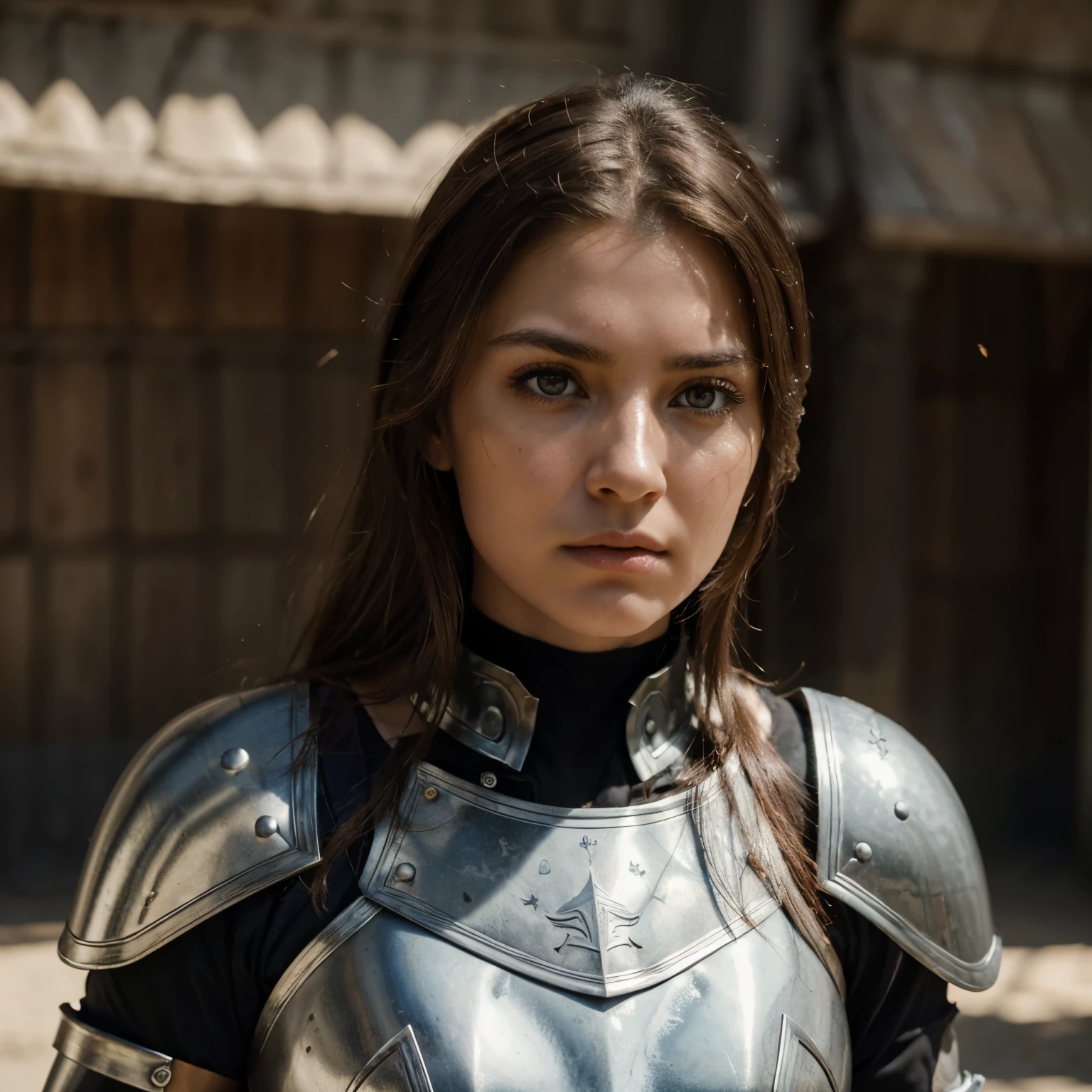 (best quality,4k,8k,highres,masterpiece:1.2),ultra-detailed,brown-haired girl in armor,serious expression,beautiful detailed eyes,beautiful detailed lips,long eyelashes,strong physique,slightly tilted head,standing tall and confident,[armor], [medieval], [battle-ready],[sword],[shield], [battlefield], [determined expression], [warrior], [strength:1.1], [bravery], [unsmiling], [intense gaze], [armor shining in the sunlight], [fighter], [powerful stance], [fierce], [courageous], [action scene], [detailed metalwork],[determination in her eyes],[brunette],[solemn face],[craftsmanship],[grayscale color palette],[illuminated by soft sunlight],[contrasting light and shadow],[fine details],[skilled warrior],[suspenseful atmosphere],[heroic],[epic],[adventurous]