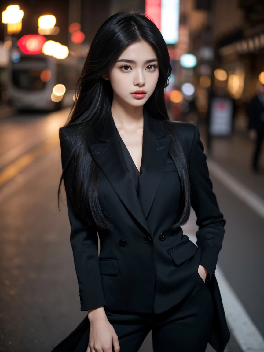 model pose, best quality,master piece,ultra high resolution,(actual:1.4),RAW photography,hyper hd，8K，There is one girl，Stylish clothes，Long black hair that falls to the shoulders，hair straight，stylish skinny suit, luxury fashion