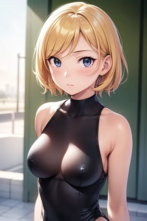 mangamichirum, 1girl, blond hair, short hair, medium breast, (black leotard:1.5), upper body, looking at view, (masterpiece, high resolution, best quality, anime colored, 8k, photorealistic)