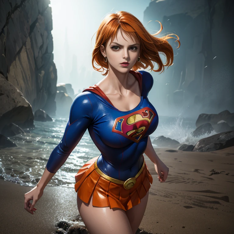 ((nami ONE PIECE))(solo)(Ela tem grandes olhos azuis brilhantes)(glossy and red lips) (((longos cabelos lisos laranja)))(Dark shadows compose)((Seios muito enormes)) (Corpo fino perfeito), Supergirl, capa vermelha, S do super-homem no peito, blue swimsuit, Red skirt, botas vermelhas,((Posando sexy)) (master part, High definition, Volumetric lights and dynamics)), (8k)(rosto perfeito)(ultra detalhes) (perfect hands, olho, e rosto) 