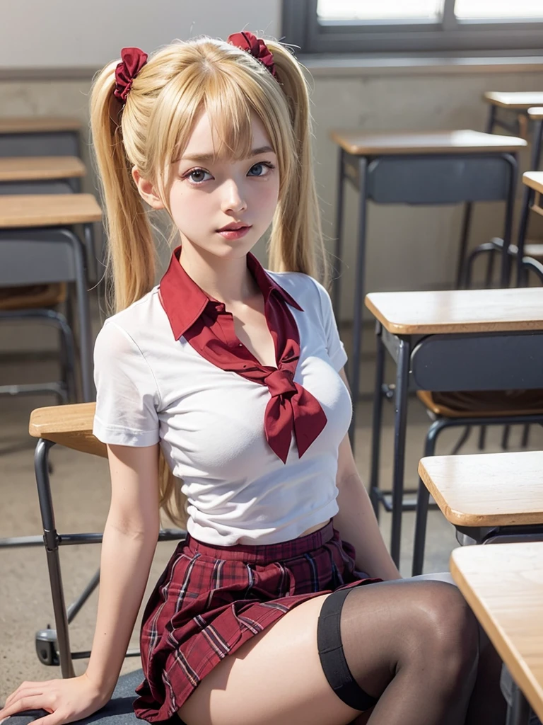 1girl, 25yo, akizuki airi, blueskye eyes, blonde_hair, twintails, very_long_hair, she is wearing it in her hair_ornament red, hair_scrunchie red, medium_breasts, akizuki airi, blueskye eyes,blonde_hair, twintails, very_long_hair, she is wearing it in her hair_ornament red, hair_scrunchie red, medium_breasts, school uniform, white shirt, red pleated miniskirt, black stockings, sitting, full body, school, classroom, ranking: explicit,