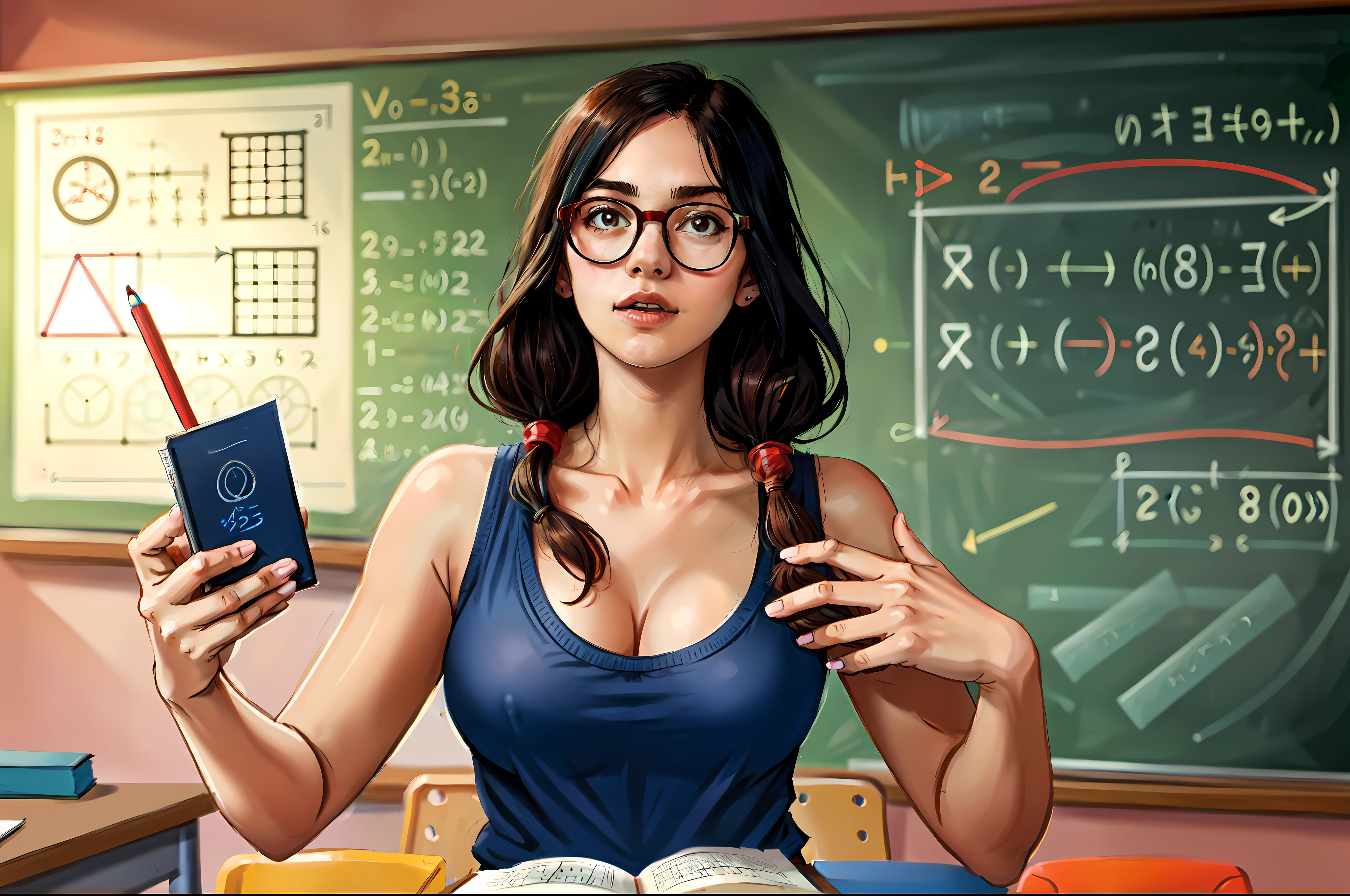 a woman in a blue tank top is standing in front of a whiteboard, in a classroom, ((25 years old, German)), saggy breasts, small breasts:0.3, natural breasts, long hair, ((emo_hairstyle:1.3)), dark chestnut hair, she wears red glasses, teacher, teaching, mathematics and geometry, in a school classroom, mathematics, math equations in the background, professor calculus, mathematics unifying science, intermediate art, full subject, standing in class, math equations, center of image, math inspired, chemistry, maths