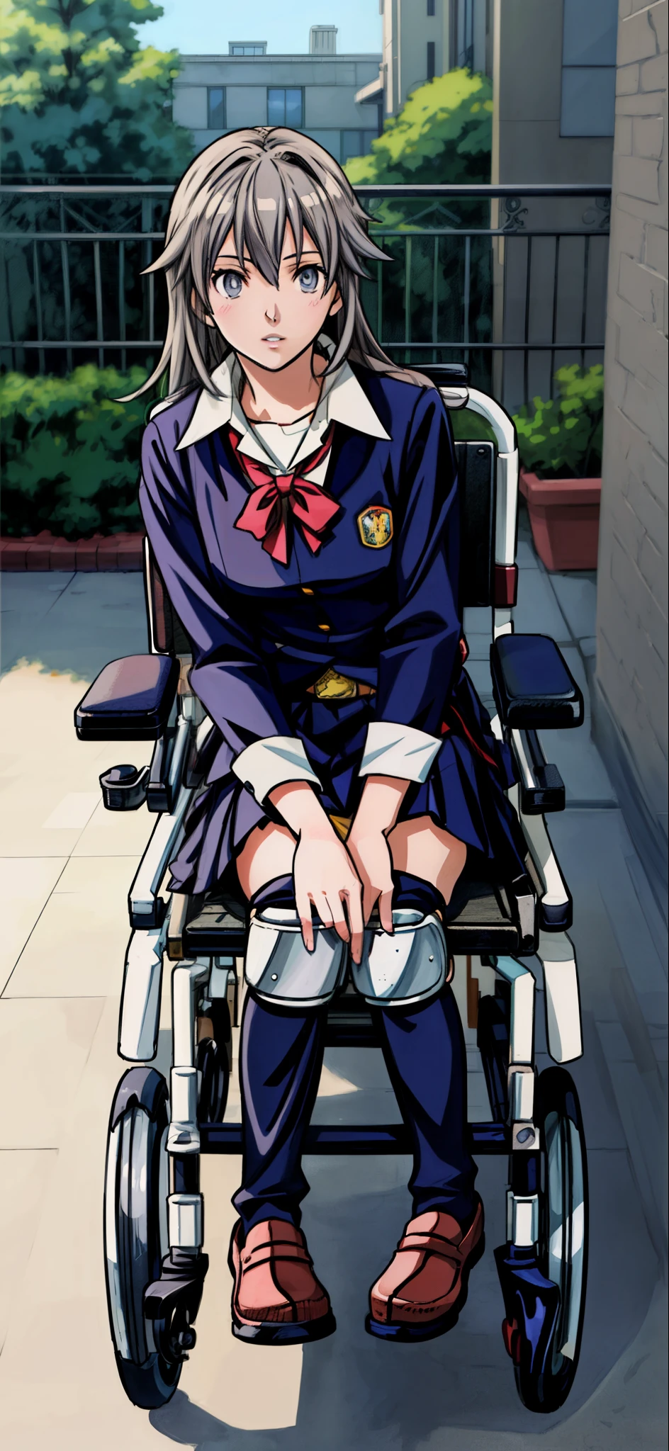 (highest quality,4K,8K,High resolution,table top:1.2), Super detailed, (realistic,photorealistic,photo-realistic:1.37), sickly beautiful girl, panic, I was surprised,((gray hair color)),((medium long hair)), ((Being in a wheelchair)),((row a wheelchair)),((hair above the eyes)),((high school girl uniform)),((knee pads)),((brace in leg)),espadrilles,beautiful and detailed eyes, beautiful detailed lips, highly detailed eyes and face, long eyelashes, realistic anime 3D style, Smooth anime CG art, Digital rendering by Makoto Shinkai, Moe anime art style, photorealistic rendering of an anime girl, Shinkai Makoto style, Cute anime girl visuals, realistic young anime girl, girl fan art, Created by Anime Artist'studio of.