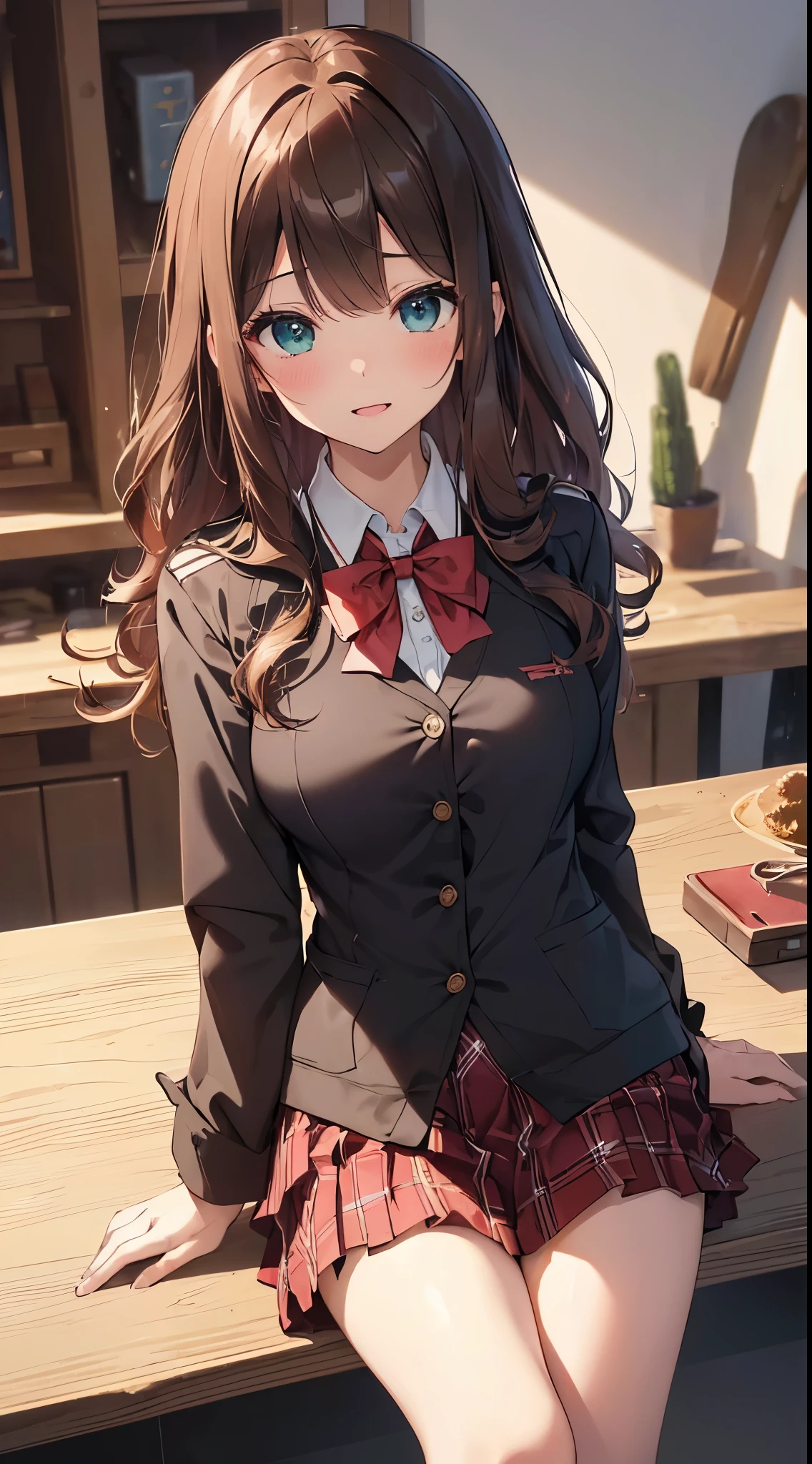((on the table, best quality, high resolution, north african free trade area, pixel perfect, depth of field, 4K, north african free trade area, north african trade zone))), 1 girl in, single, alone, beautiful anime girl, beautiful art style, anime characters, ((long hair, Bangs, dark brown hair, curls:0.8)), ((green eyes:1.4, delicate eyes, beautiful eyes, perfect eyes,Curly eyelashes, realistic eyes)), ((Detailed face, blush:1.2)), ((smooth texture:0.75, Realistic texture:0.5, Anime CG style)), medium, dynamic angle, plump, Perfect body, dynamic poses, ((red bow tie, Uniforms, black jacket, open jacket, Brown cardigan, White shirt, black skirt, Plaid skirt)), Smile, open mouth, Put your arms behind your back, lean forward, amment park, ((close up, Throw, Lovely, cum on face))