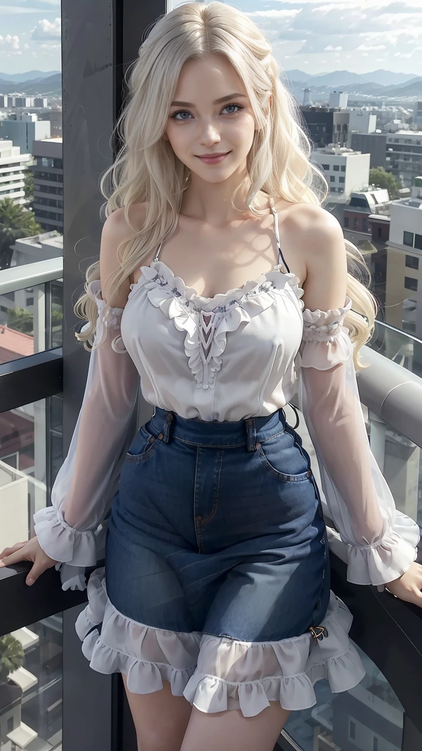 24-year-old Caucasian woman、Hair color is platinum blonde and purple gradation、Hair is wavy、Eye color is blue、long hair、slender、smile、beautiful breasts、slenderだが均整の取れた細マッチョな身体、She is wearing a transparent blouse with frills.、She's wearing a frilly arm dress、I'm wearing jeans、wearing high heels、I'm on an observation deck high up in Europe with a great view.、I grabbed the railing and looked at the scenery below.、smile、wearing hair ornaments、setting hair、Hair flutters in the wind