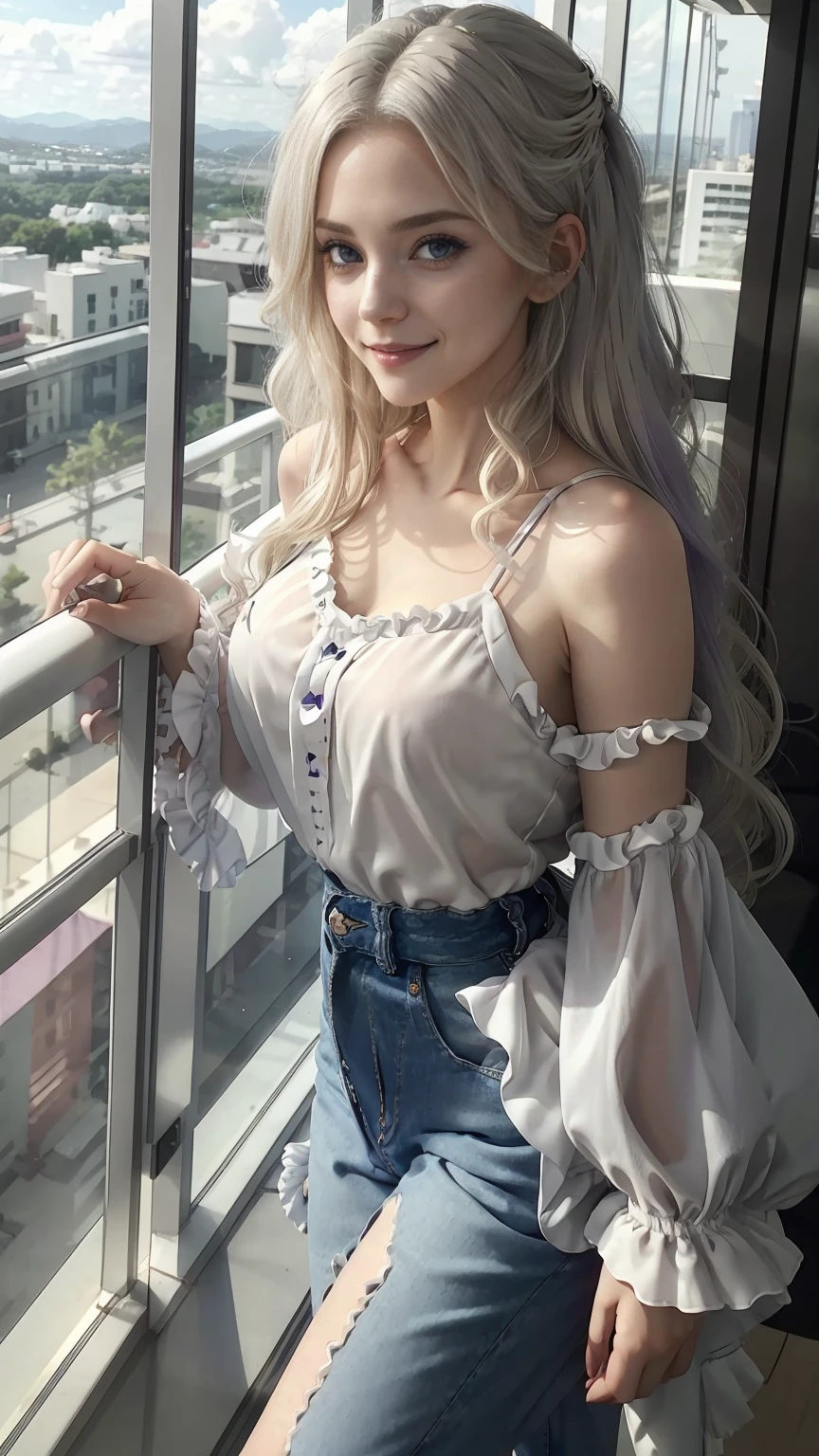 (NSFW)、Photorealistic perfect body、Ultra-high image quality、Ultra-high realistic image quality、(Japan Gal:1.5)、(a baby face:1.5)、(doress)、(Solo)、(Small breasts:1.8)、Waist slender、(Parted bangs)、(Gray hair color:1.4)、(voluminous curly hair:1.5)、(arms in arms:1.3)、(Medium Hair:1.5)、(Chain Belt:1.3)、(Cowboy Shot、above thighs:1.5)、(good lighting)、(blurry backround)、(grin)、Gal Style Makeup、Gal style earrings、Gal style bracelet、(Gal Style Cross Ornament Necklace、layered necklaces:1.3)、in poolside、(facing front:1.3)