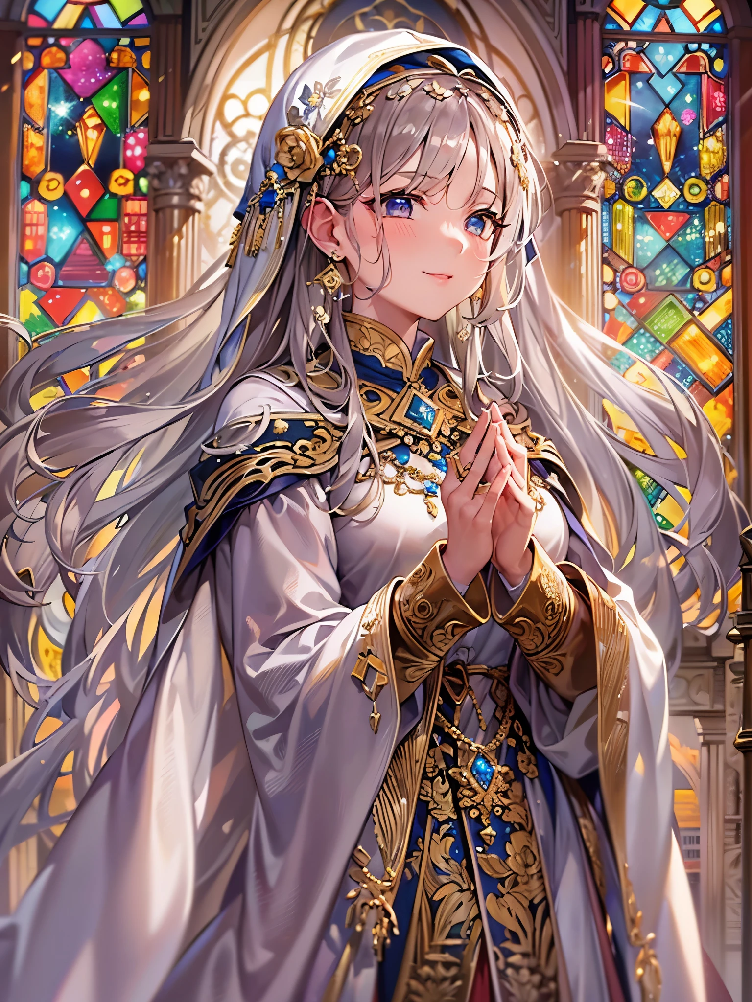 ((highest quality)),(ultra high resolution),(Super detailed),(detailed description),((best CG)),(best work of art),super precision art,great drawing art,(Art with precise details:1.5), (1 woman:1.6)priest:1.5,gentle smile:1.6,a simple robe:1.5, Beautiful and detailed stained glass:1.6