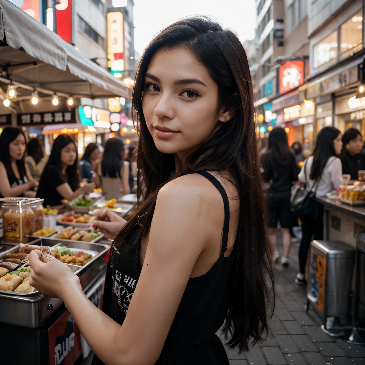 Masutepiece、highest qualityr、high resolusion、Eleonora Pavinato, 23 years old, Younger headshot, long Black hair, realistic skin, beautiful refined skin, real skin texture, Harajuku street, tasting street food, casual attire, vibrant food stall background, candid shot