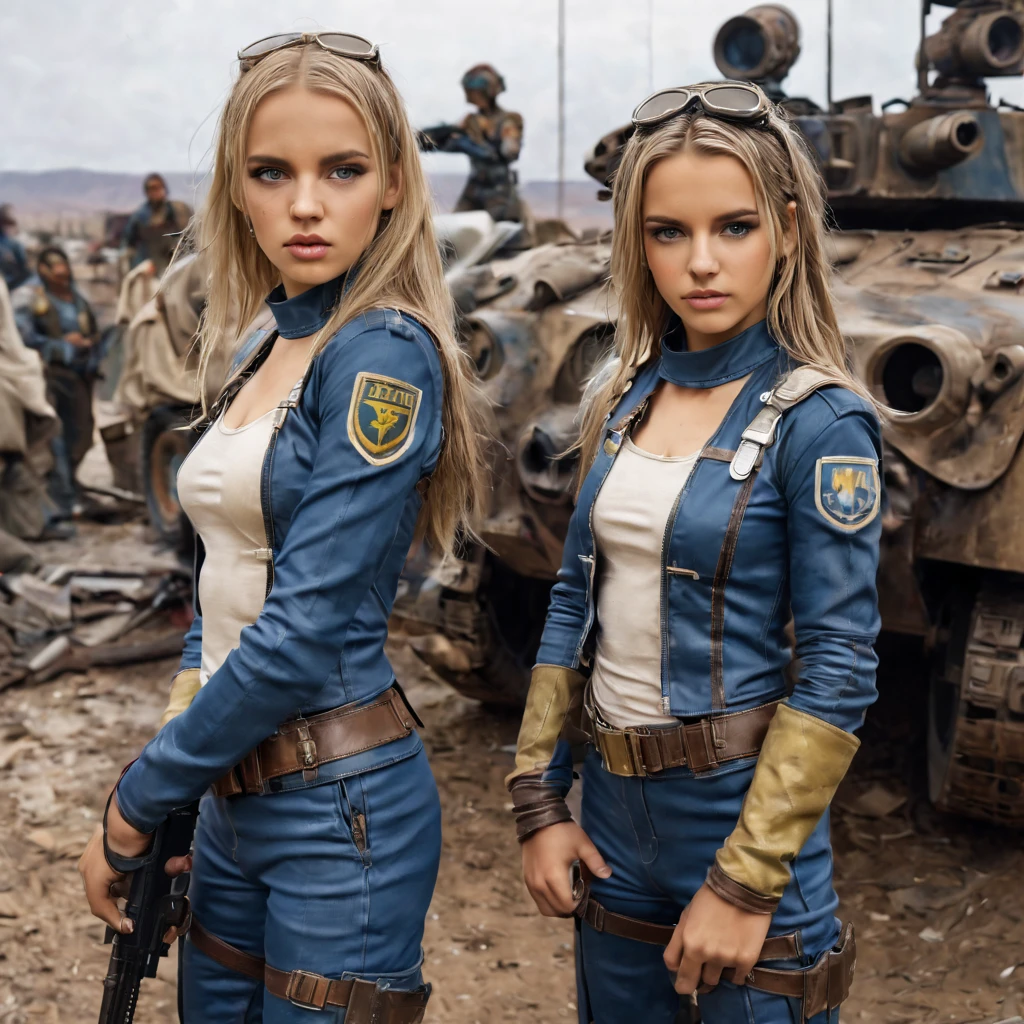 3 girls, 16 years old, all the perfect likeness of SandraOv4. sexy vault girls in ((vaultgirl suit from the video game fallout, tight worn and torn uniforms. Outside in a post apocalyptic battleground . Wearing vaultgirl uniforms and blue and gold armor. Goggles on one girl, clothing torn, girls clothes and faces are dirty from battle. All girls petite and slim, small girls, short girls, fine detailed eyes, weapons slung over shoulders, leaning against a war vehicle, dented and rusty.