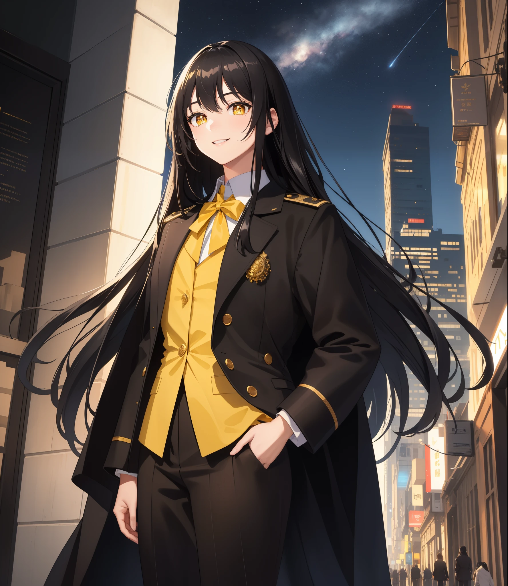 masterpiece, best quality, {{{masterpiece}}}, highres, intricate detail, fine detail, best quality, dynamic light, dynamic shadow, cinematic light, ray tracing, extremely detailed, 1girl, ((black hair)), very long hair, long straight hair, ((yellow pupils)), detailed eyes, halterneck, trench coat uniform, dark aura, view of city building in behind, cinematic shot, smile, glowing eyes, starry sky, hand on hip,