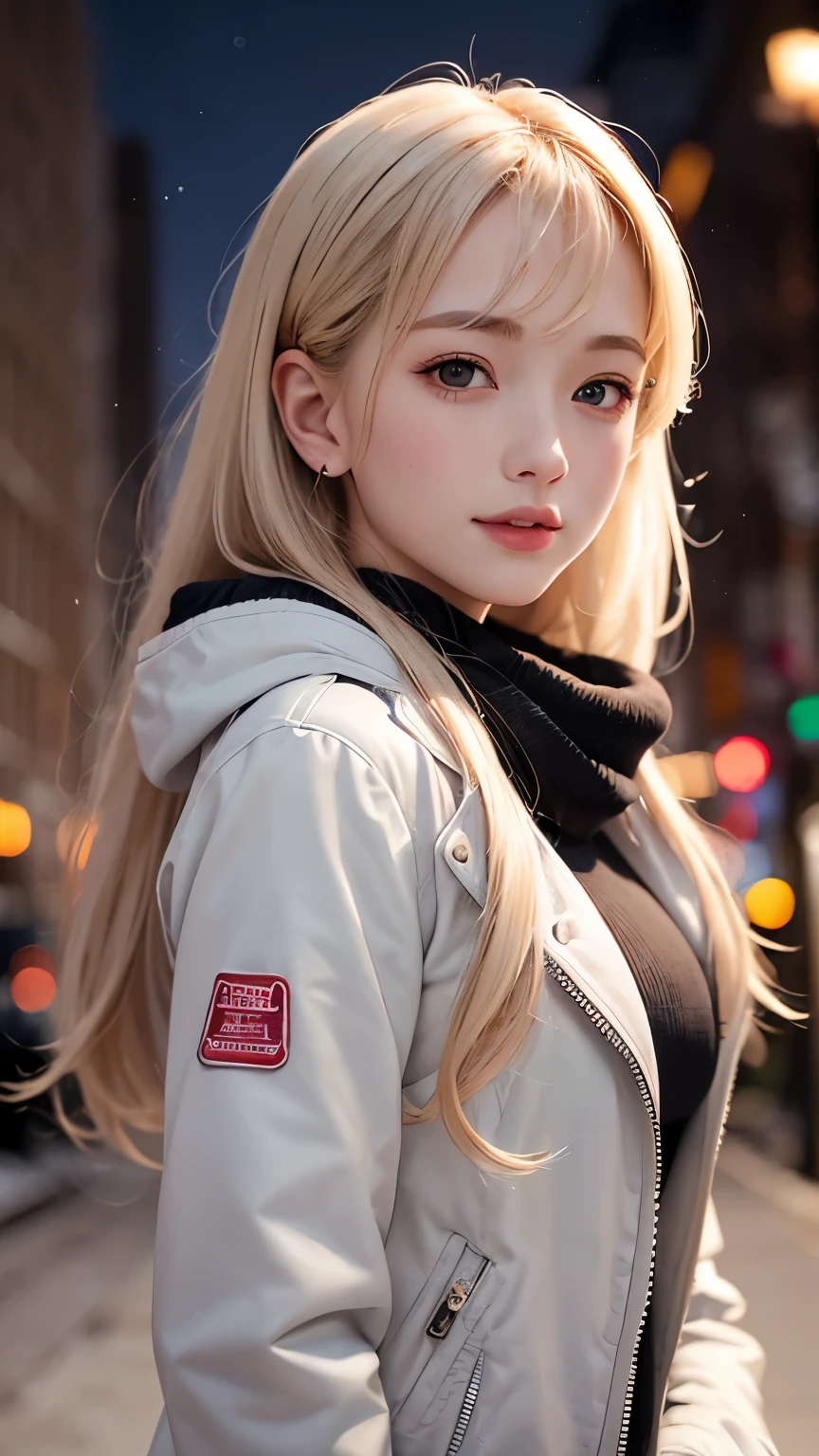 (masterpiece), (best quality), 1girl, (perfect face:1.2), (beautiful face:1.2), platinum blonde hair, (from under, upper body:1.3), happy, light smile, looking at viewer, pose, 
winter coat, outdoors, winter, snow, night time, intricate, depth of field, cinematic lighting,