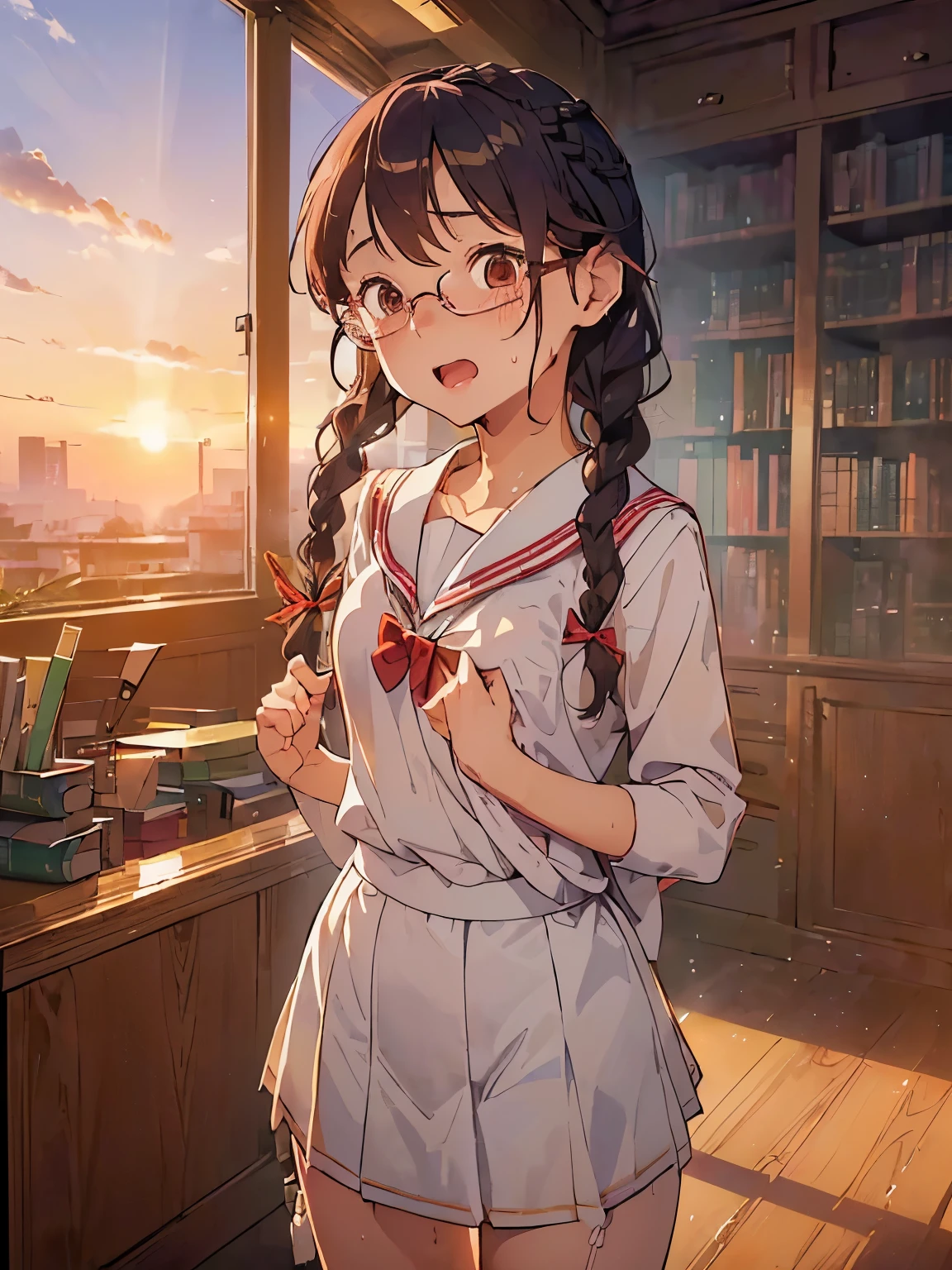 (((masterpiece))) ((( background : romantic theme : students : in library : sunset ))) ((( character : chu: fit body : small breast :  braided hair : nerd : wearing glasses : white school uniform : standing : open mouth surprised : sweating : blushing : extremely embarrassed )))