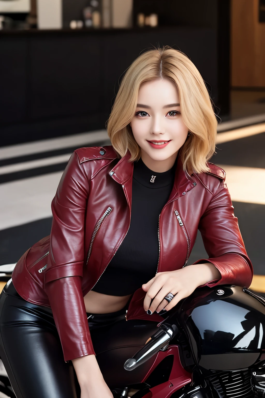 ((highest quality)), ((muste piece)), (perfect face), A slender beauty riding a futuristic motorcycle、(Wine red leather jacket and leather pants)、protector、smile、blonde