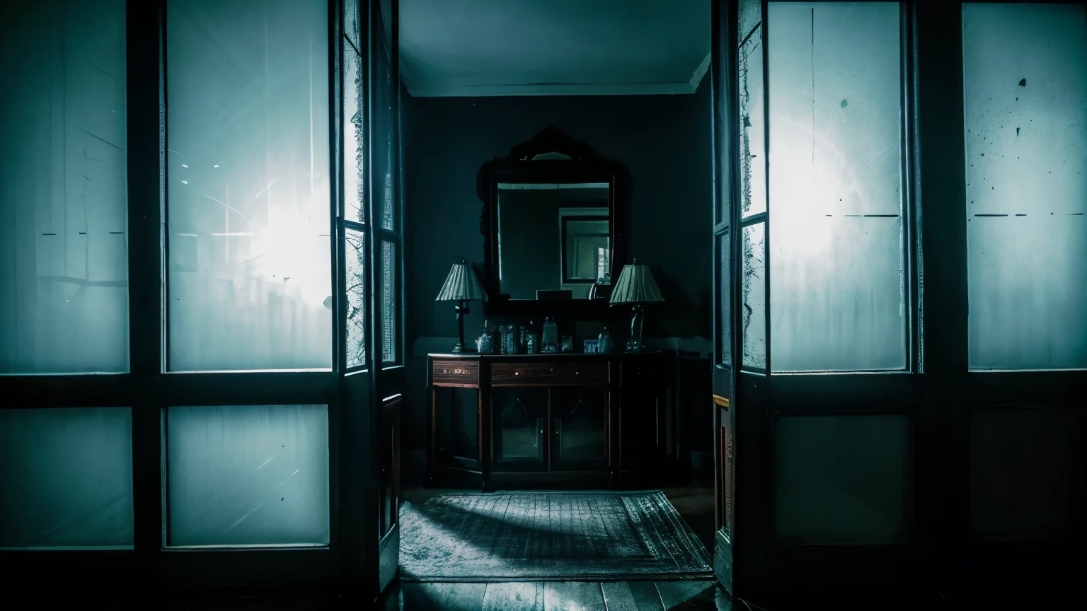 (best quality,4k,8k,highres,masterpiece:1.2),ultra-detailed,(realistic,photorealistic,photo-realistic:1.37),ghost spirits reflection in a old antique mirror,,dark ambient,creepy room,eerie atmosphere,mysterious shadows,haunting presence,aged wood furniture,dusty air,dimly lit,curtain-covered windows,cracked walls,cobwebs,dismal interior,vintage decor,ornate frame,smudged glass,vignette effect,nostalgic vibes,spooky aura,haunted mansion,whispering sounds,distant footsteps,paranormal activity,uncanny silence,misty atmosphere,ominous energy,translucent figure,out-of-focus details,surreal elements,hauntingly beautiful,uncertain boundaries,unseen presence,ancestral memories,color palette of deep purples and blues,dramatic lighting