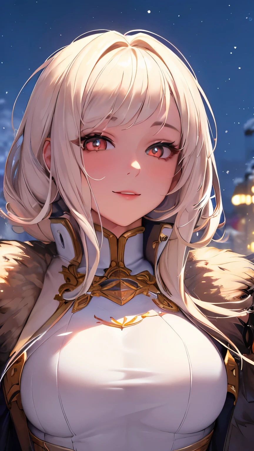 (masterpiece), (best quality), 1girl, (perfect face:1.2), (beautiful face:1.2), platinum blonde hair, (from under, upper body:1.3), happy, light smile, looking at viewer, pose,
winter coat, outdoors, winter, snow, night time, intricate, depth of field, cinematic lighting,