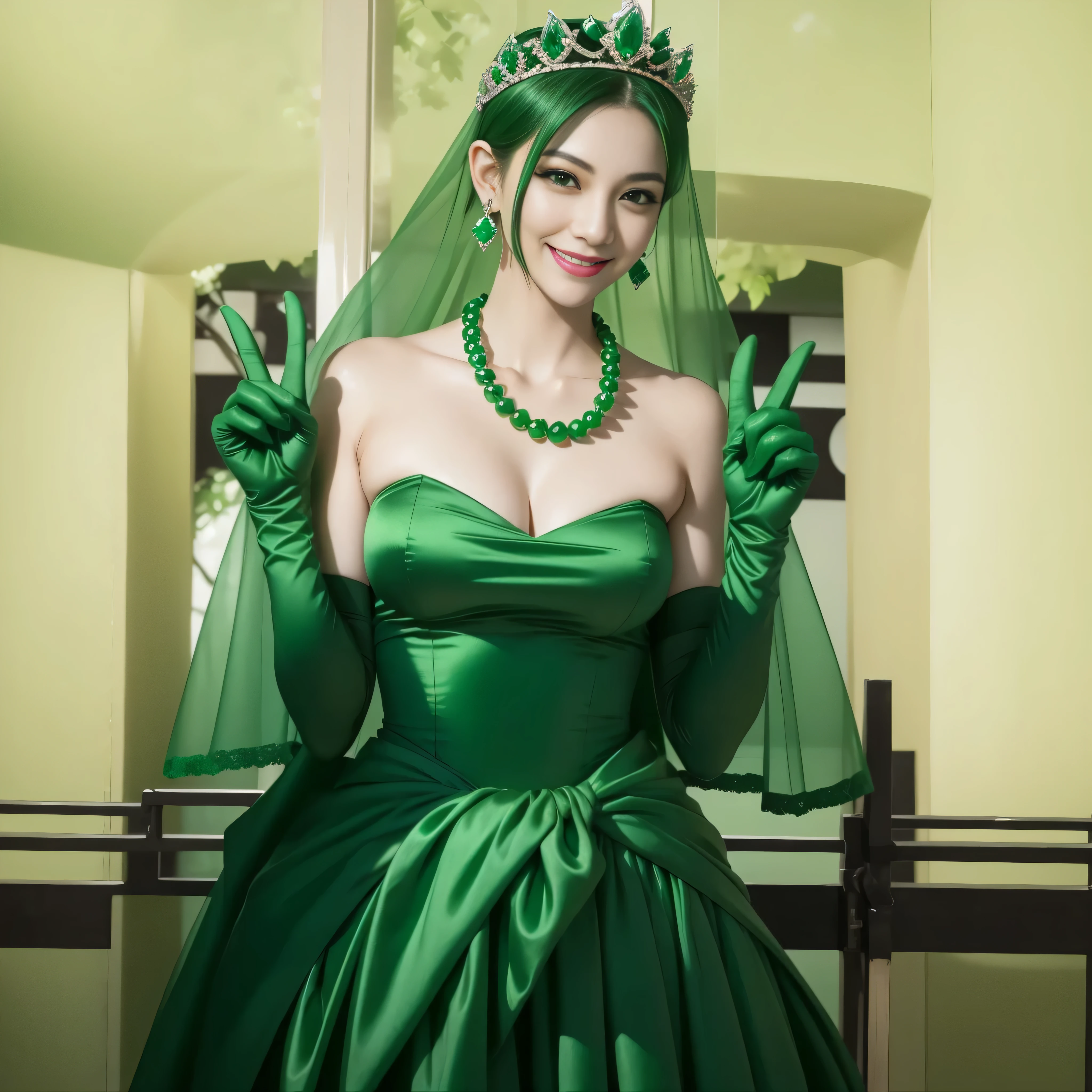 emerald tiara, green pearl necklace, boyish very short green hair, lipstick, smiling Japanese woman, very short hair, big breasts beautiful, green eyes, Long green satin gloves, green eyes, V sign, emerald earrings, green veil
