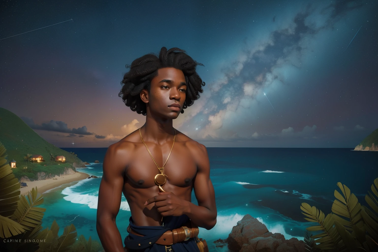 18th Century Caribbean Pirate Cove Starlight Navigation (Location: Hidden Isle)
Character: A boy with ebony curls, dressed in a pirate's attire, navigating by the stars on an 18th-century Caribbean cove. The stars guide him not only across the seas but also reveal hidden constellations that hold magical secrets. Wes Anderson's oceanic palette transforms the night sky into a celestial map.