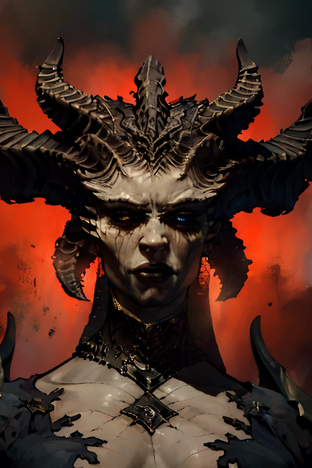 (best quality,4k,8k,highres,masterpiece:1.2),ultra-detailed,realistic,photorealistic:1.37,a close up of a female demonic creature with a large head and horns, demon queen, demonic creature, demonic parasite, demonic monster, unholy abomination, fat ripped satanic creature, eldritch abomination, known as voryn dagoth in life, lich vecna (d&d), diablo concept art, eldritch goddes, fit female demon with white horns