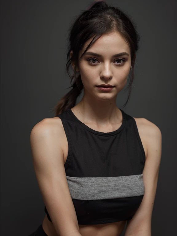 Alternative girl, 26 years old, petite, slim, ponytail, dark black lips, photorealistic