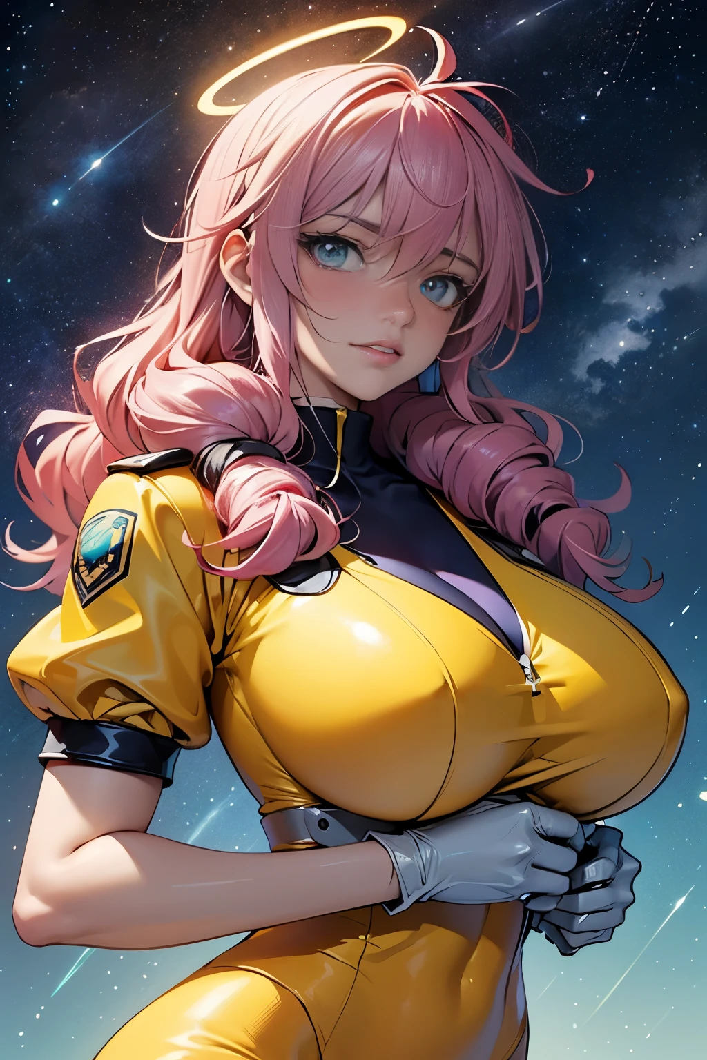 (masterpiece, top quality), (medium),official art, beautiful and aesthetic:1.2),(feldt:1.3), (fractal art:1.3),upper body, gundam00, pink hair, yellow bodysuit, from side, (slendered abs:1.2), looking at viewer,(((starry sky))), stars in the background, purple shoulders, gray gloves, shining halo,((gigantic breasts:1.5)), (drill hair),((ultra detail eyes:1.5)),((extremely detailed CG unity 8k wallpaper,masterpiece, best quality)), ((ultra-detailed:1.5)),(best illumination, best shadow, an extremely delicate and beautiful),(extremely detailed CG unity 8k wallpaper,masterpiece, best quality, ultra-detailed),(best illumination, best shadow, an extremely delicate and beautiful),(perfect body: 1.5),(masterpiece), dynamic movement, digital art, otherworldly, a burst of color, explosive energy, chaotic beauty, (hair flowing:1.2, hair glowing), (body distorted:1.5, body fragmented), (face obscured:1.2, half hidden), (background: broken, shattered, fractured), (light: flickering, pulsating, radiating).