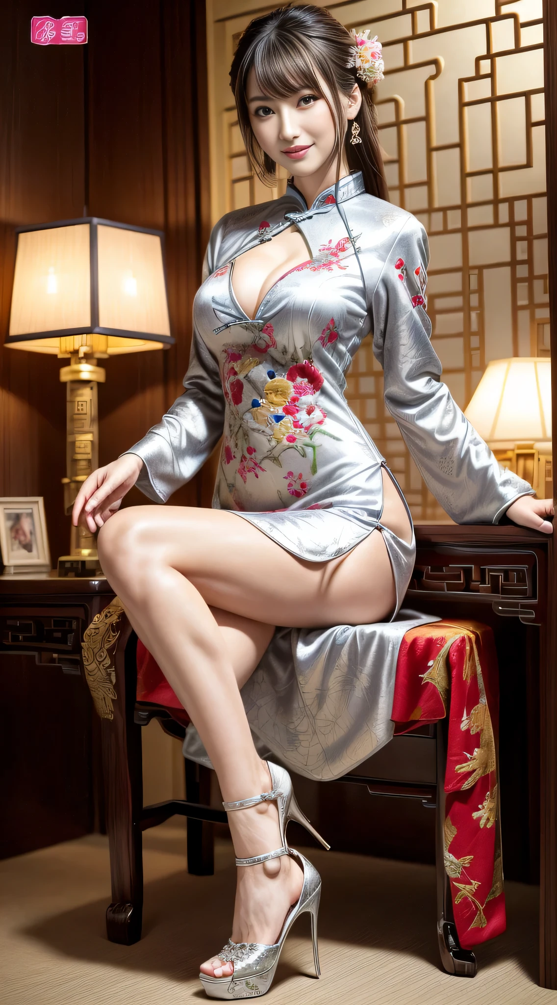 ((masterpiece、highest quality))、detailed face、Sexy Japan Models、(((Beautiful patterned embroidered Chinese dress 1.3)))、(Silver cheongsam)))、big breasts wearing sexy cheongsam、cleavage、depth、1 girl、Symmatic lighting、high heels、sexy woman、Sexy beautiful legs、Beautiful legs focus、Attractive beautiful legs、セクシーなhigh heels、ルブタンのセクシーなhigh heels、Sitting on a chair with her legs crossed in a sexy way、Naughty legs、smile、sexy costume