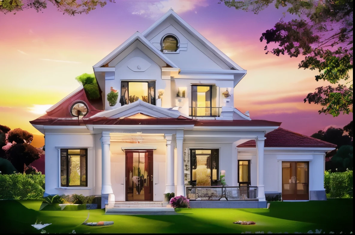 RAW photo,Masterpiece, high quality, best quality, authentic, super detail, exterior, one villa style Neoclassic, (Modern minimalist lines:1.2),(white wall:1.1), railing glass, glass windows,trees, grass, ((sunset)), sky, vivid colour, (high detailed :1.2), 8k uhd, dslr, soft lighting, high quality, film grain, Fujifilm XT3