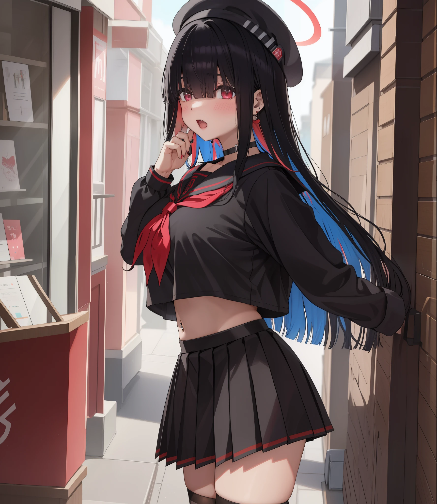 1girl, phone, cellphone, skirt, long hair, holding phone, serafuku, black hair, pleated skirt, sailor collar, school uniform, hat, black skirt, breasts, hair over eyes, smartphone, white background, neckerchief, solo, simple background, black headwear, open mouth, holding, black sailor collar, beret, black serafuku, shirt, halo, jewelry, black shirt, short sleeves, large breasts, red neckerchief, mole, cowboy shot, looking at phone, thighs, bangs, very long hair, piercing, blunt bangs, tablet pc, miniskirt, sidelocks, crop top, ear piercing, earrings, standing, midriff, crop top overhang, choker, blush, multicolored hair, covered eyes, thighhighs, midriff peek, hands up, black choker, hair ornament, navel,