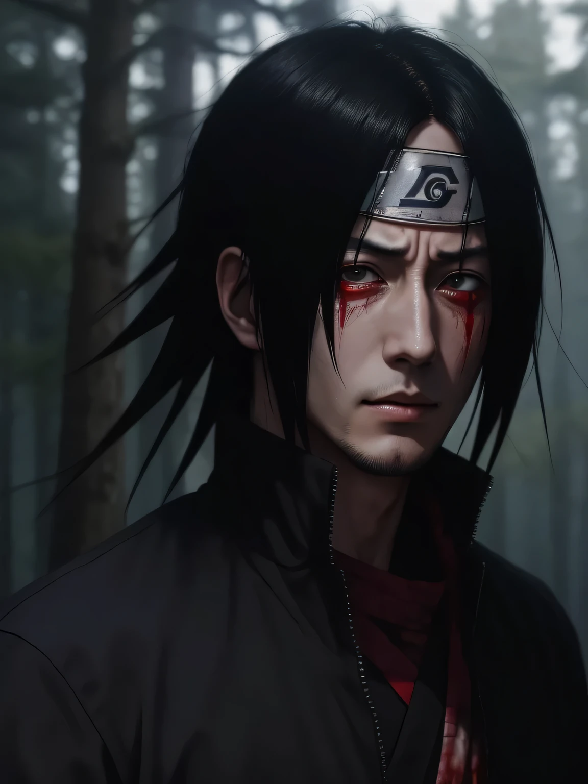 Itachi Uchiha, frame from anime "naruto", in dark clothes, cinematic, high detail, masterpiece, Highest quality, dynamic pose, Against the background of the forest, facing the viewer, portrait, Bloody Tears