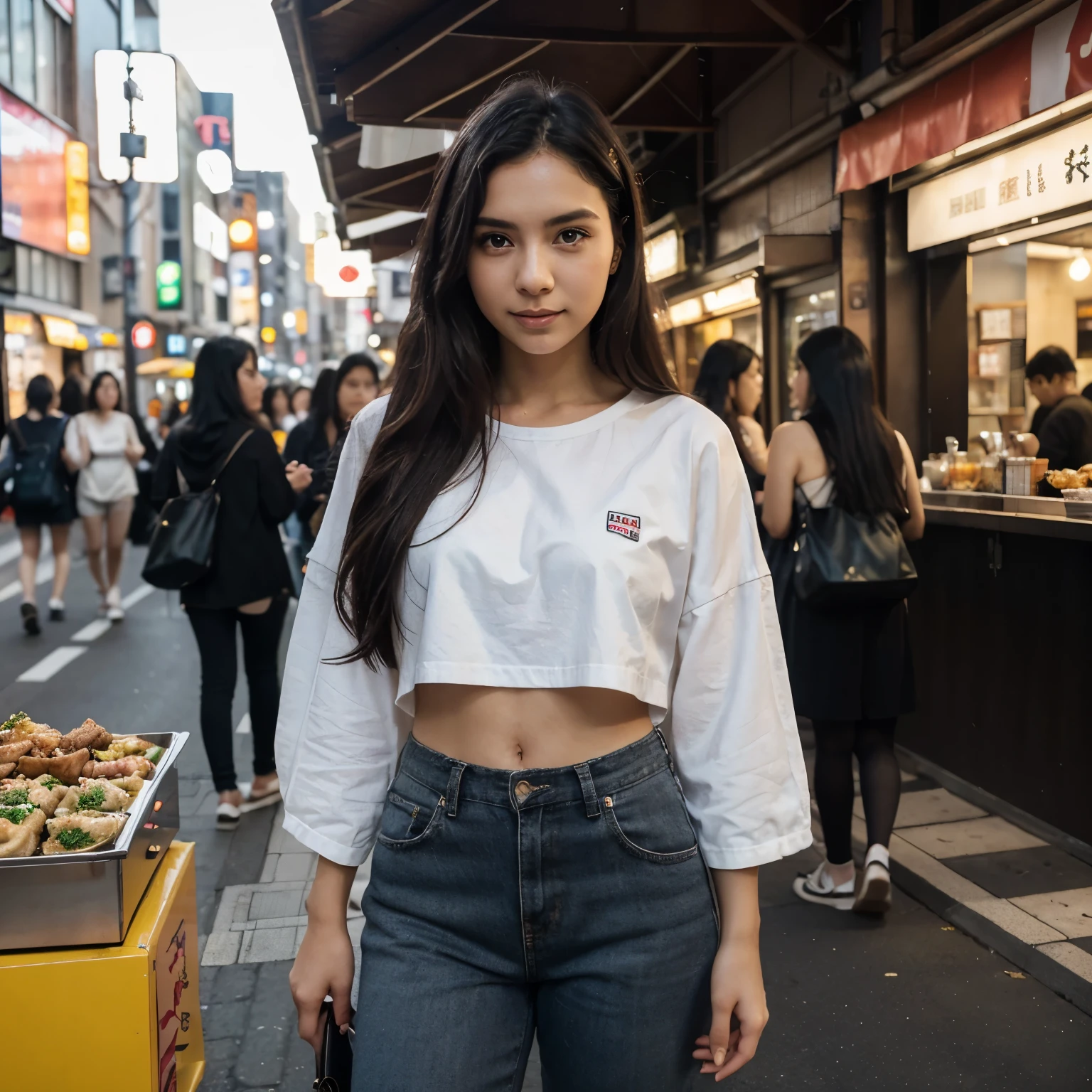Masutepiece、highest qualityr、high resolusion、Eleonora Pavinato, 23 years old, Younger headshot, long Black hair, realistic skin, beautiful refined skin, real skin texture, Harajuku street, tasting street food, casual attire, vibrant food stall background, candid shot, full body shot