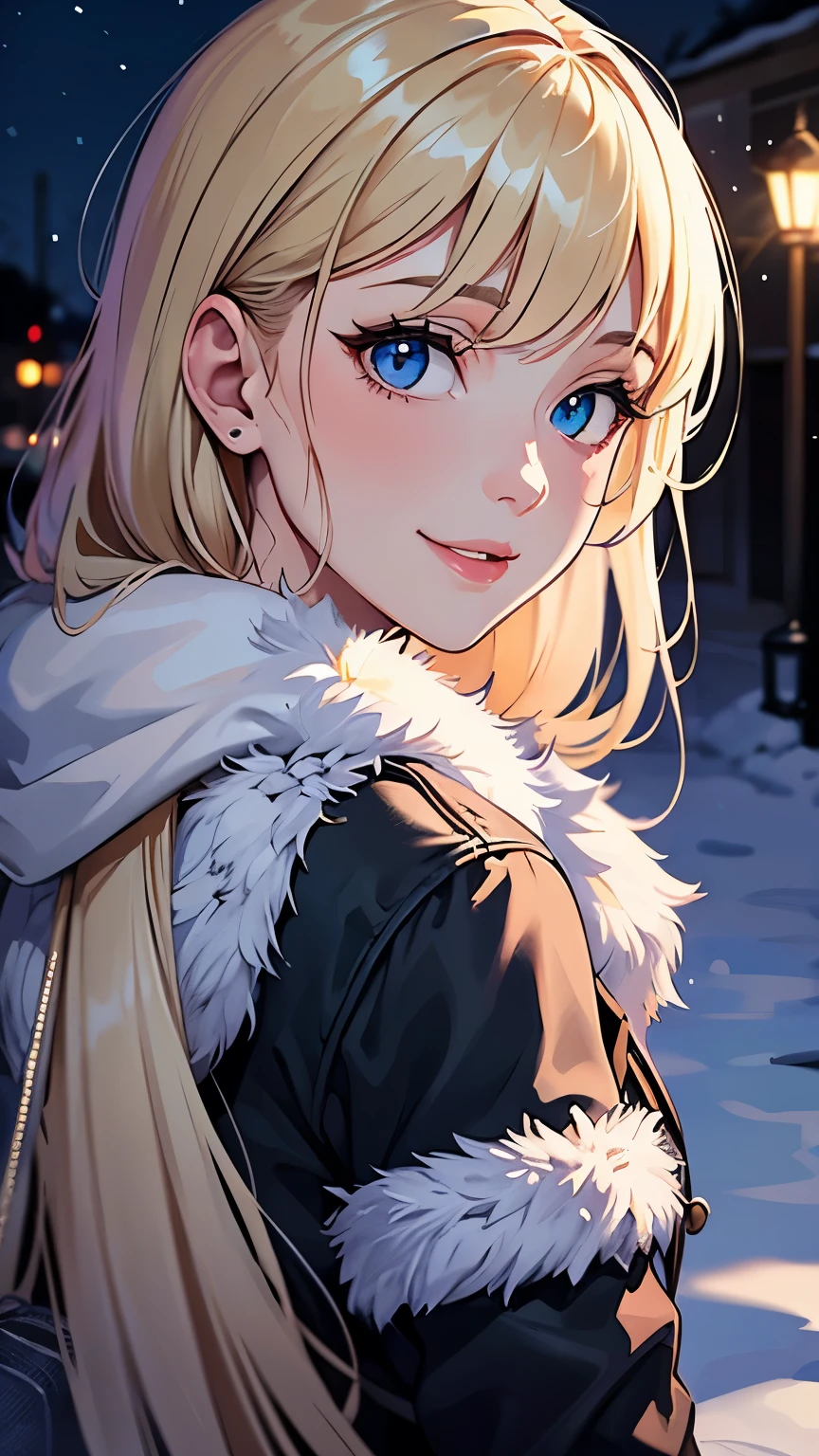 (masterpiece), (best quality), 1girl, (perfect face:1.2), (beautiful face:1.2), platinum blonde hair, (from under, upper body:1.3), happy, light smile, looking at viewer, pose, 
winter coat, outdoors, winter, snow, night time, intricate, depth of field, cinematic lighting,