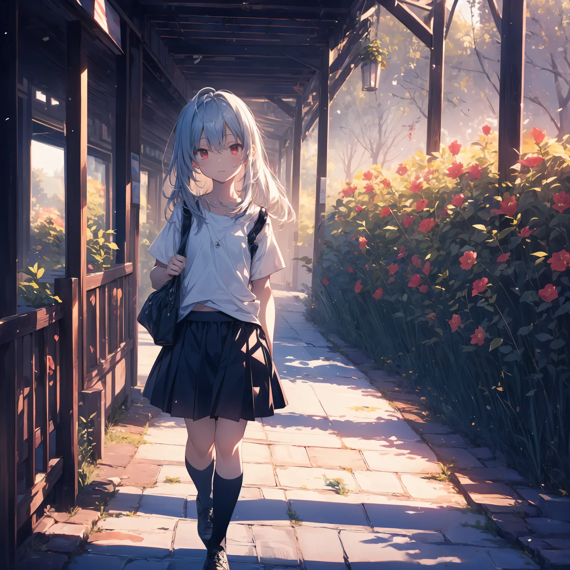 Super high quality by the art god, super detailed, High resolution,  Shinkai Makoto style,  anime moe art style, best anime 8K konachan wallpaper, pixiv contest winner, perfect anatomy, break,(Please draw a sleepy girl walking alone to the village.. ),break, surreal tomboy, (alone,change, child,15 years old:1.3),All limbs, full finger, ((black skin)), androgynous charm, (silver hair), messy hair, Ahoge, Medium soft chest, small ass, between legs, small eyes,beautiful detailed red eyes, Well-proportioned iris and pupils, High resolutionの詳細な髪, ((white tank top, skirt:1.3)), In front of Satoyama. break,super dense skin, Best lighting by famous artists, 8K, figure,