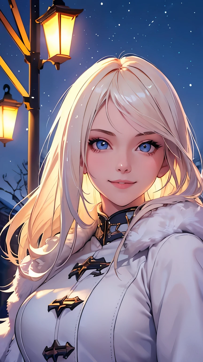 (masterpiece), (best quality), 1girl, (perfect face:1.2), (beautiful face:1.2), platinum blonde hair, (from under, upper body:1.3), happy, light smile, looking at viewer, pose, 
winter coat, outdoors, winter, snow, night time, intricate, depth of field, cinematic lighting,