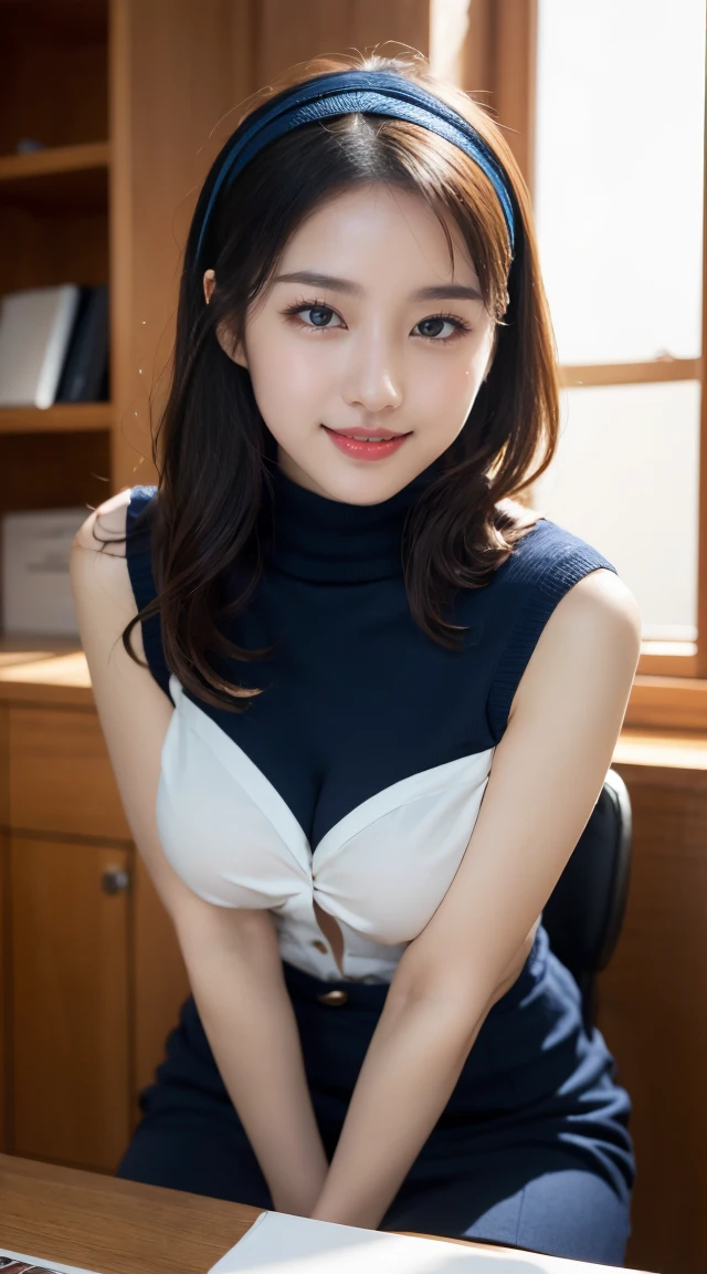 (((オフィスレディ、OL、office lady、formal clothes,navy  knit、high neck knit)))、(((horseshoe-shaped hairband)))、formal ,vivid color panty,high heel、(((full body,including legs)))、Dressed up、(Photo real:1.4)、(A hyper-realistic:1.4)、(Photorealistic:1.3)、 (gentle lighting: 1.05)、(Improve the lighting quality of your video:0.9)、32k、 1Girl、28years old girl、photorealistic lighting、Back lighting、Facial Lights、Ray Trace、(bright:1.2)、(Increase quality:1.4)、 (best quality real texture skin)、Fair eyes,Delicate and delicate face, Close-up of the face, navy knit,very tight knit ,high neck knit,sleeveless knit,no-sleeve knit,((navy knit [see-through knit:1.5], {stands out nipples,covered nipples})),navy pencil skirt ,navy tight skirt, (Bodyline mood improvement:1.1)、Glossy skin、wavy hair,韓国アイドル、乃木坂アイドル、Sculptural Idol Pose、little smile,blush,Beautiful actress、Neat woman,whole body, (((small breasts))),(perfect row of teeth),slender waist and hip,beautiful long legull shot)、((8heads tall)、(((誘惑している、恥ずかしい)))、dynamic pose,gravure pose,(eye shadow),((red cheek、red lips)),Super Clean Night View、night time、blush,little smile,(((full shot)))、a little open the legs apart、sitting down on the desk,(((in the luxury night office)))