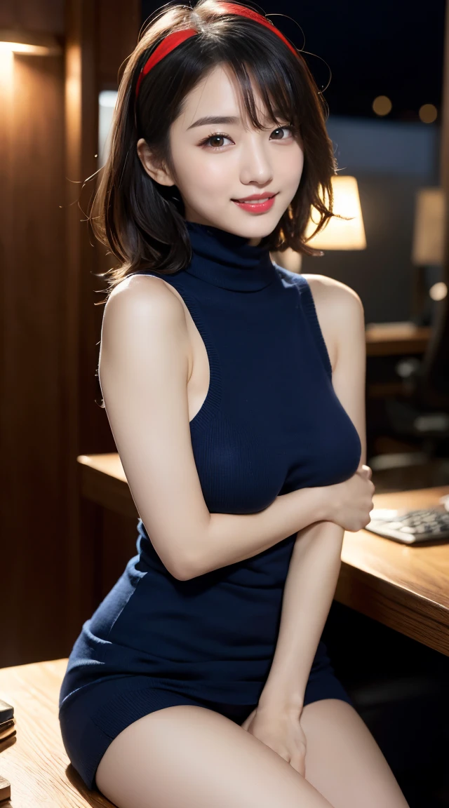 (((full body,including legs)))、(((オフィスレディ、OL、office lady、formal clothes,navy  knit、high neck knit)))、(((horseshoe-shaped hairband)))、formal ,vivid color panty,high heel、(((full body,including legs)))、Dressed up、(Photo real:1.4)、(A hyper-realistic:1.4)、(Photorealistic:1.3)、 (gentle lighting: 1.05)、(Improve the lighting quality of your video:0.9)、32k、 1Girl、28years old girl、photorealistic lighting、Back lighting、Facial Lights、Ray Trace、(bright:1.2)、(Increase quality:1.4)、 (best quality real texture skin)、Fair eyes,Delicate and delicate face, Close-up of the face, navy knit,very tight knit ,high neck knit,sleeveless knit,no-sleeve knit,((navy knit [see-through knit:1.5], {stands out nipples,covered nipples})),navy pencil skirt ,navy tight skirt, (Bodyline mood improvement:1.1)、Glossy skin、wavy hair,韓国アイドル、乃木坂アイドル、Sculptural Idol Pose、little smile,blush,Beautiful actress、Neat woman,whole body, (((small breasts))),(perfect row of teeth),slender waist and hip,beautiful long legs,(full shot)、((8heads tall)、(((誘惑している、恥ずかしい)))、dynamic pose,gravure pose,(eye shadow),((red cheek、red lips)),Super Clean Night View、night time、blush,little smile,(((full shot)))、(((dynamic pose,gravure pose))),(((in the luxury night office)))
