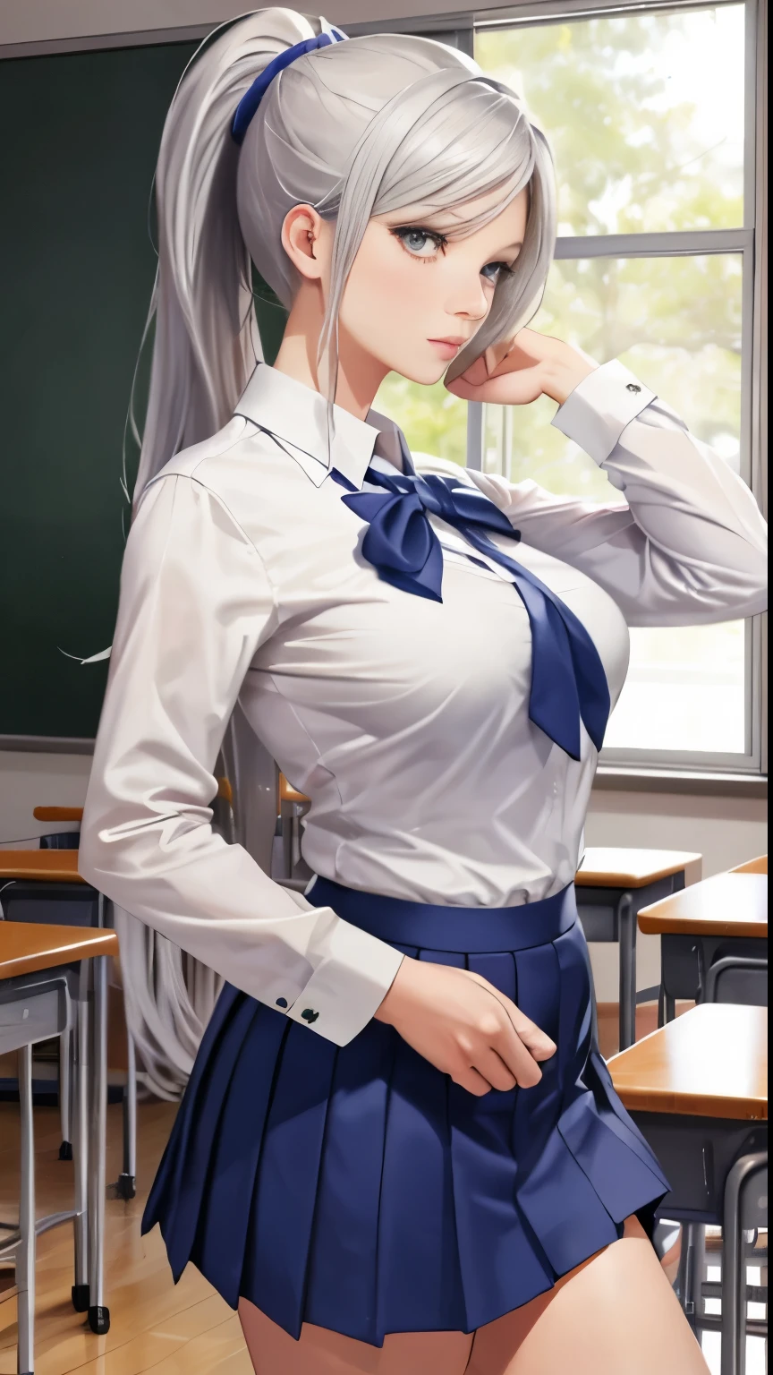 masterpiece, exquisite, (realistic, woman alone, alone, beautiful face, slender face, beautiful eyes), (breast) persona 3, female, big, G cup, silver hair, long hair, ponytail, school uniform, deep V neck, mini skirt, school classroom, slit eyes