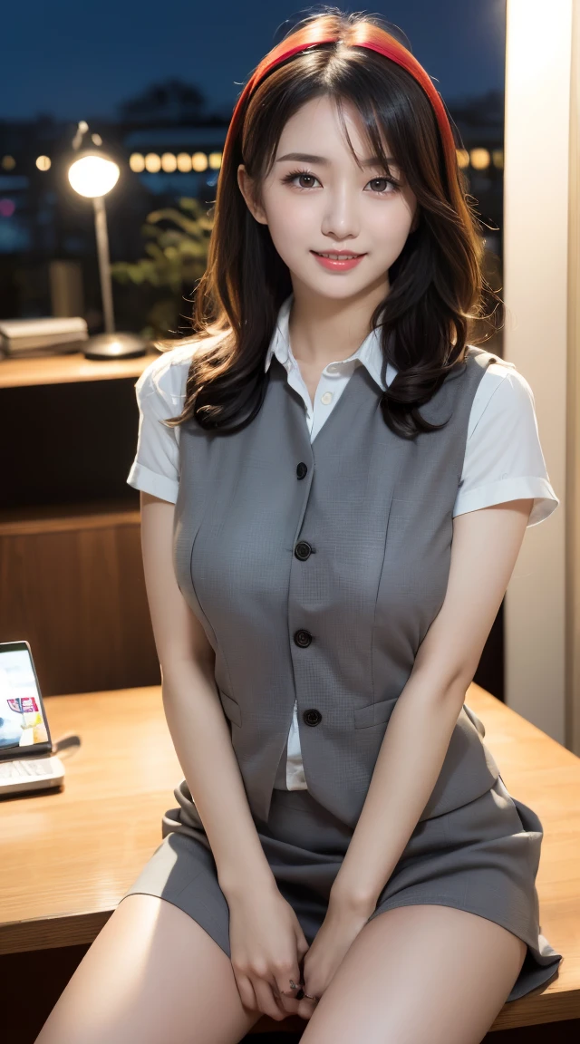 (((オフィスレディ、OL、office lady、formal clothes、shiny gray vest)))、(((horseshoe-shaped hairband)))、sexy,formal ,in the bank,vivid color panty,high heel、(((full body,including legs)))、Dressed up、(Photo real:1.4)、(A hyper-realistic:1.4)、(Photorealistic:1.3)、 (gentle lighting: 1.05)、(Improve the lighting quality of your video:0.9)、32k、 1Girl、25years old girl、photorealistic lighting、Back lighting、Facial Lights、Ray Trace、(bright:1.2)、(Increase quality:1.4)、 (best quality real texture skin)、Fair eyes,Delicate and delicate face、 (tired and sleepy and satisfied : 0.0), Close-up of the face,shiny gray vest,tight gray blouse [button gap :1.2],very tight gray shirt ,((([see through shirts:1.5], {covered nipples}))), gray mini skirt , (Bodyline mood improvement:1.1)、Glossy skin、wavy hair、韓国アイドル、乃木坂アイドル、Sculptural Idol Pose、little smile,blush,Beautiful actress、Neat woman,whole body, and spread the legs apart, small breasts,(perfect row of teeth),slender waist and hip,beautiful long legull shot)、((8heads tall)、(((誘惑している、恥ずかしい)))、random dynamic pose,(eye shadow),(red cheek、red lips),Super Clean Night View、night time、blush,little smile,(((full shot)))、a little open the legs apart、sitting down on the desk,(((in the luxury night office)))