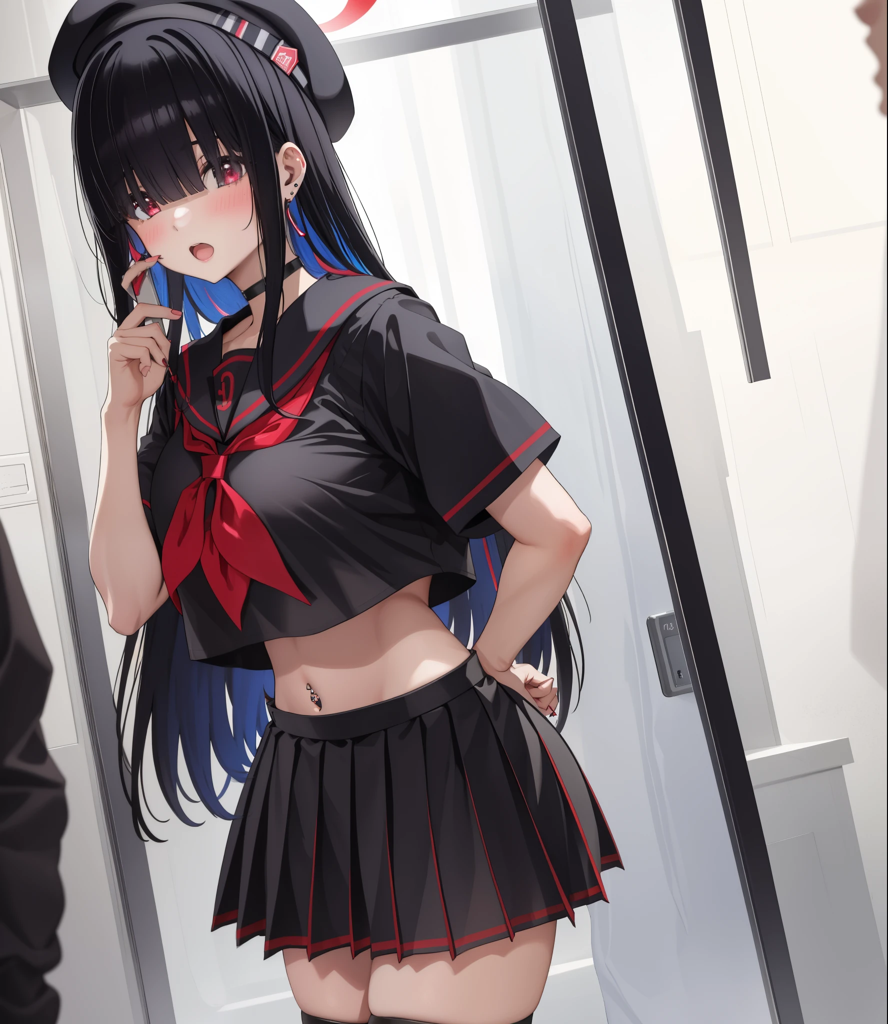 1girl, phone, cellphone, skirt, long hair, holding phone, serafuku, black hair, pleated skirt, sailor collar, school uniform, hat, black skirt, breasts, hair over eyes, smartphone, white background, neckerchief, solo, simple background, black headwear, open mouth, holding, black sailor collar, beret, black serafuku, shirt, halo, jewelry, black shirt, short sleeves, large breasts, red neckerchief, mole, cowboy shot, looking at phone, thighs, bangs, very long hair, piercing, blunt bangs, tablet pc, miniskirt, sidelocks, crop top, ear piercing, earrings, standing, midriff, crop top overhang, choker, blush, multicolored hair, covered eyes, thighhighs, midriff peek, hands up, black choker, hair ornament, navel,